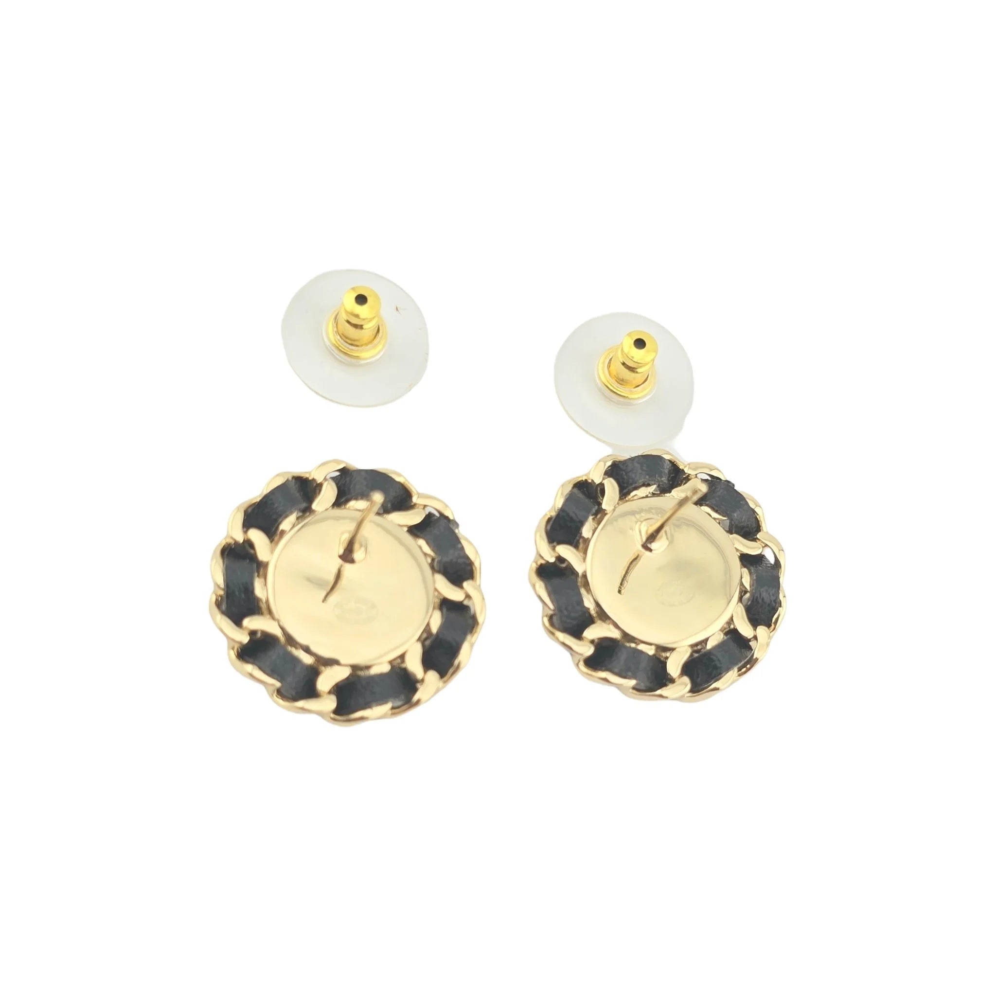 Chanel CC Black Leather Gold Round Earrings 2025 CHANEL