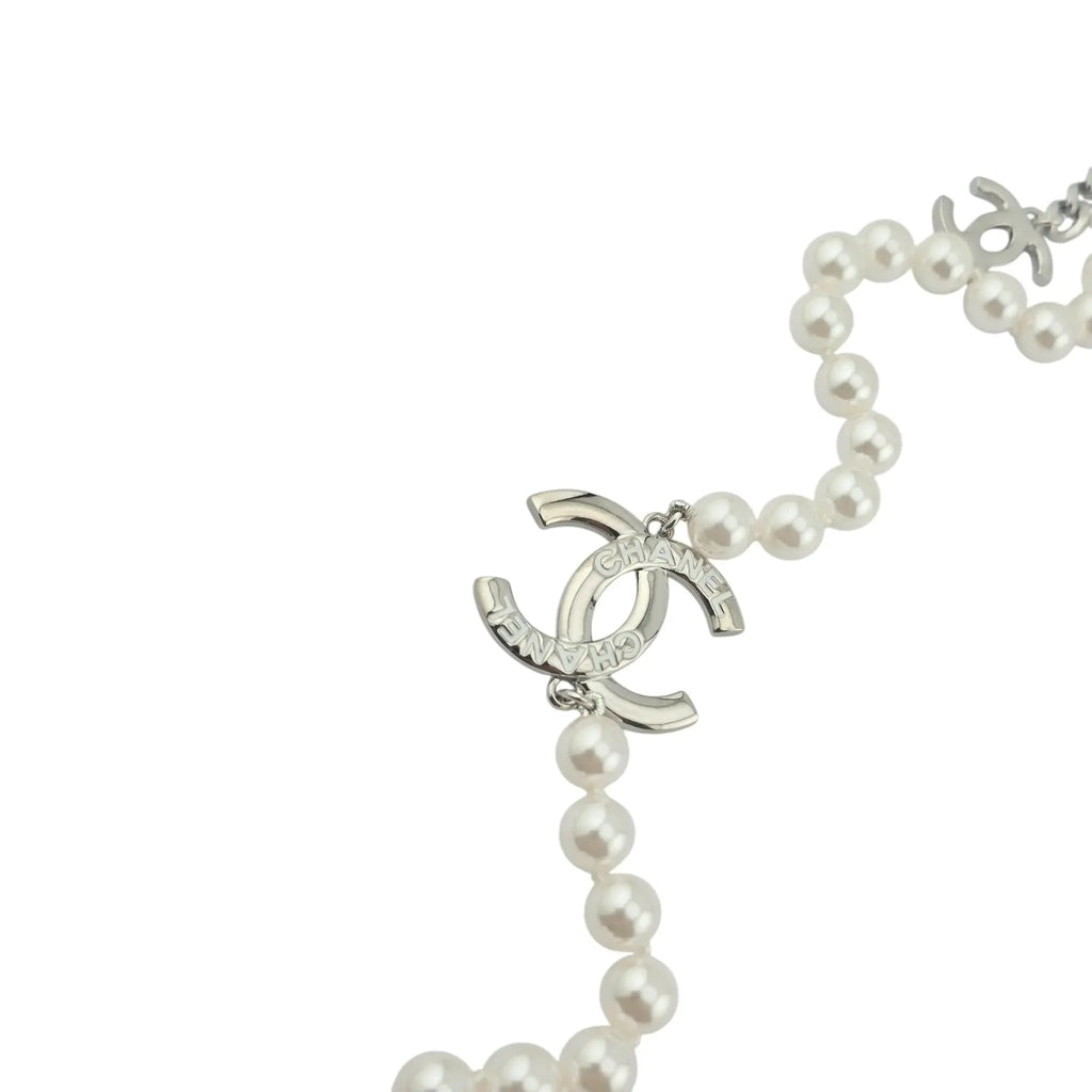 Chanel CC Long Faux Pearl Silver Necklace 2025 CHANEL