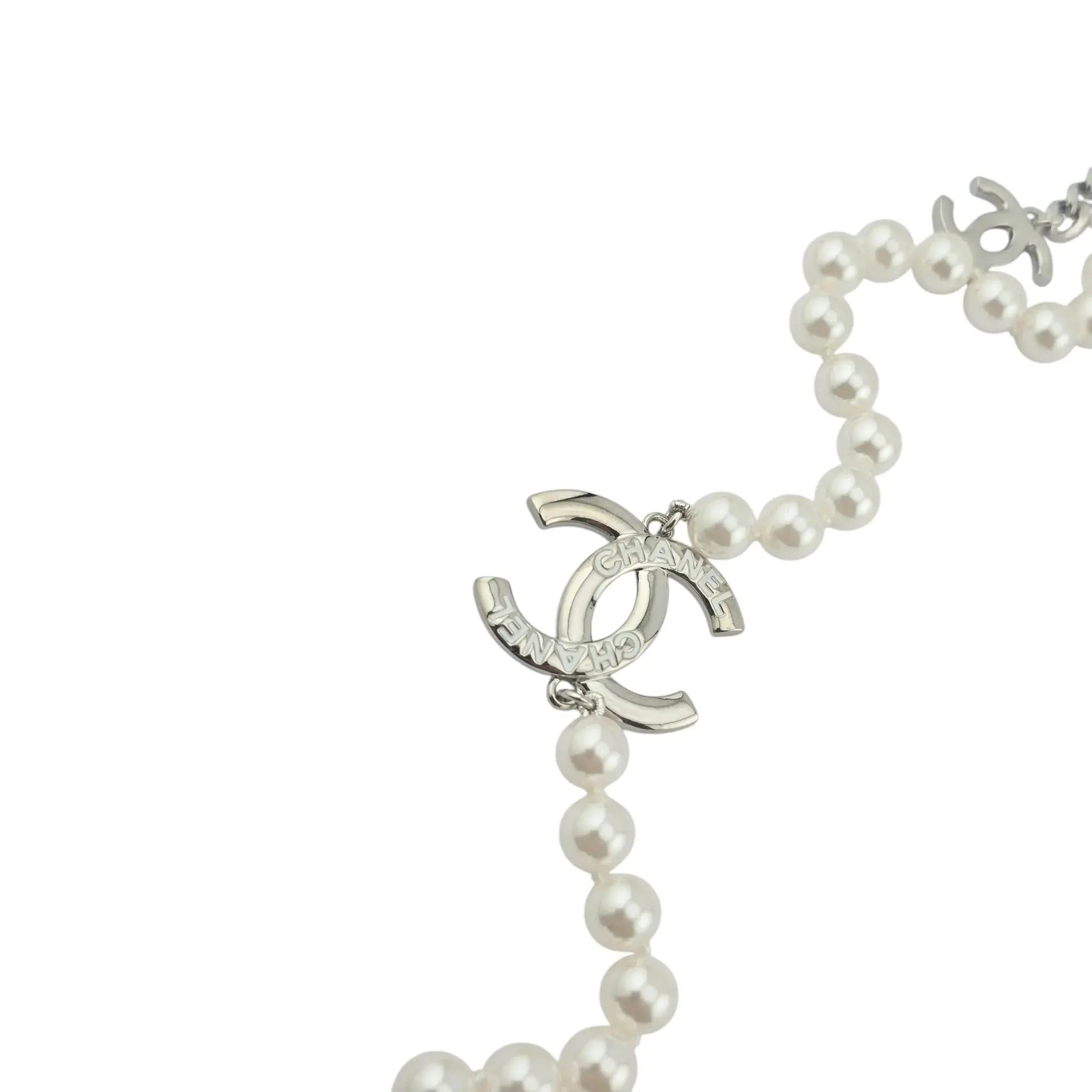 Chanel CC Long Faux Pearl Silver Necklace 2025 CHANEL