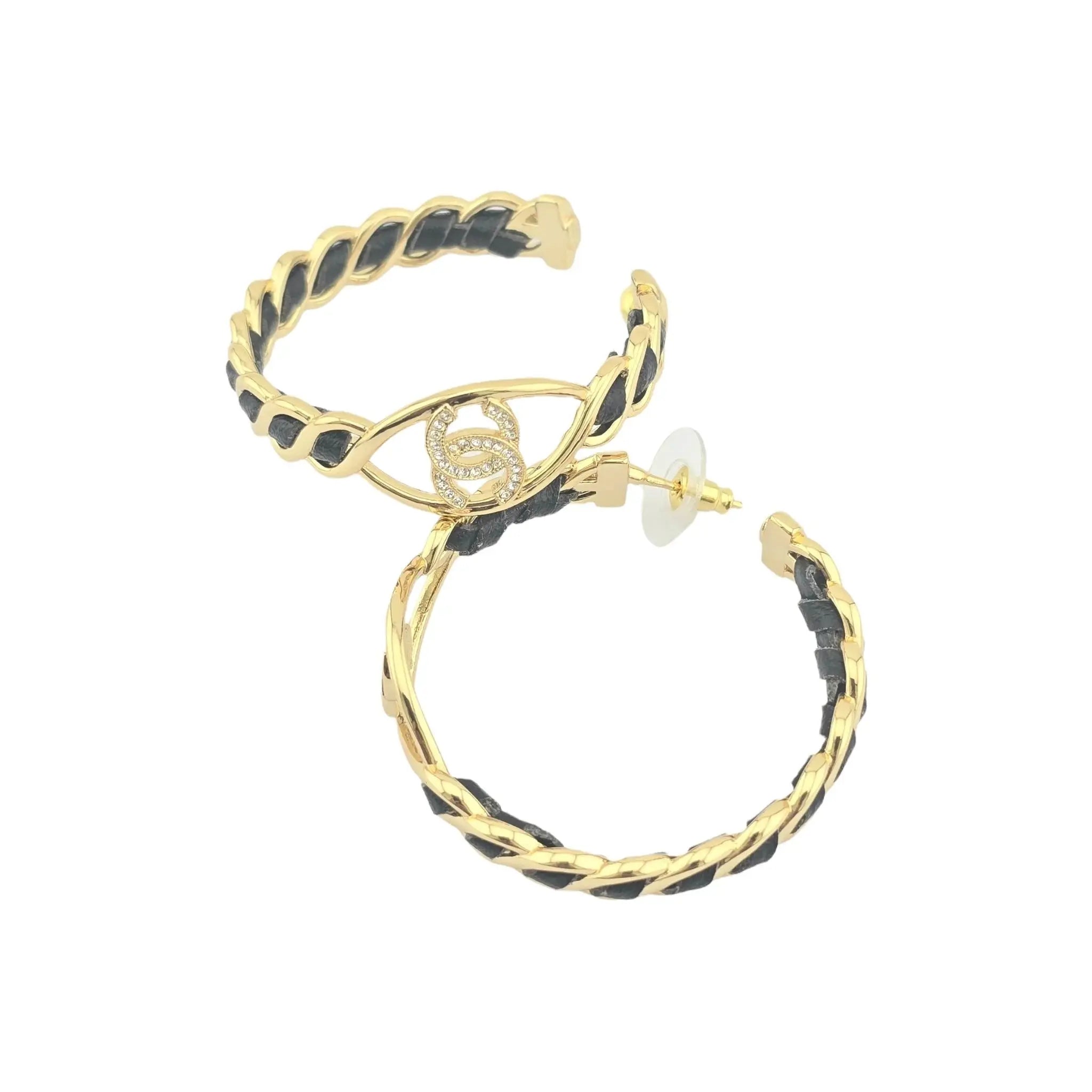 Chanel CC Hoop Leather Strass Earrings 2024 CHANEL