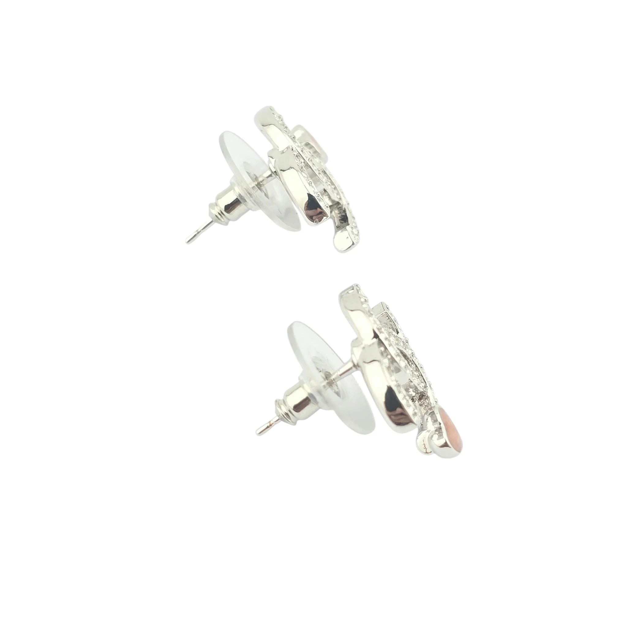 Chanel CC Silver Red Crystal Heart Stud Earrings CHANEL