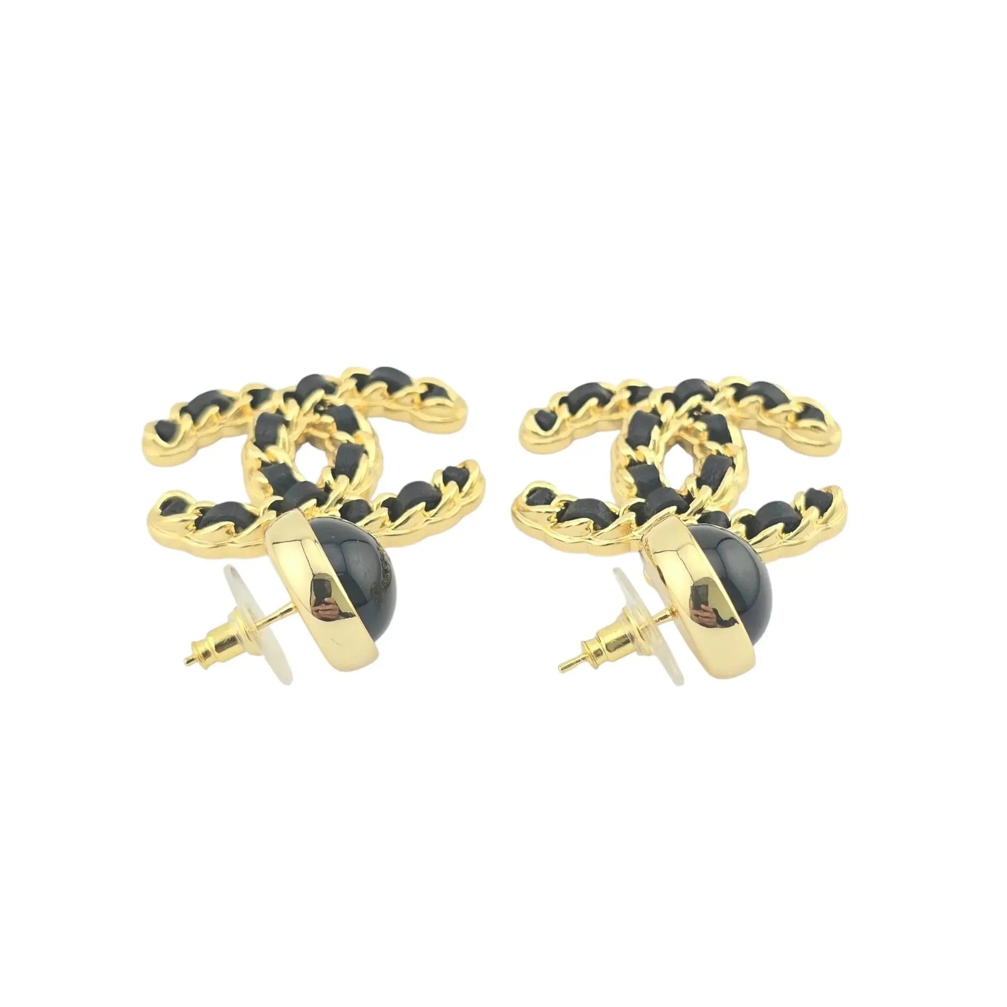 Chanel CC Gold Black Leather Drop Earrings B24 CHANEL