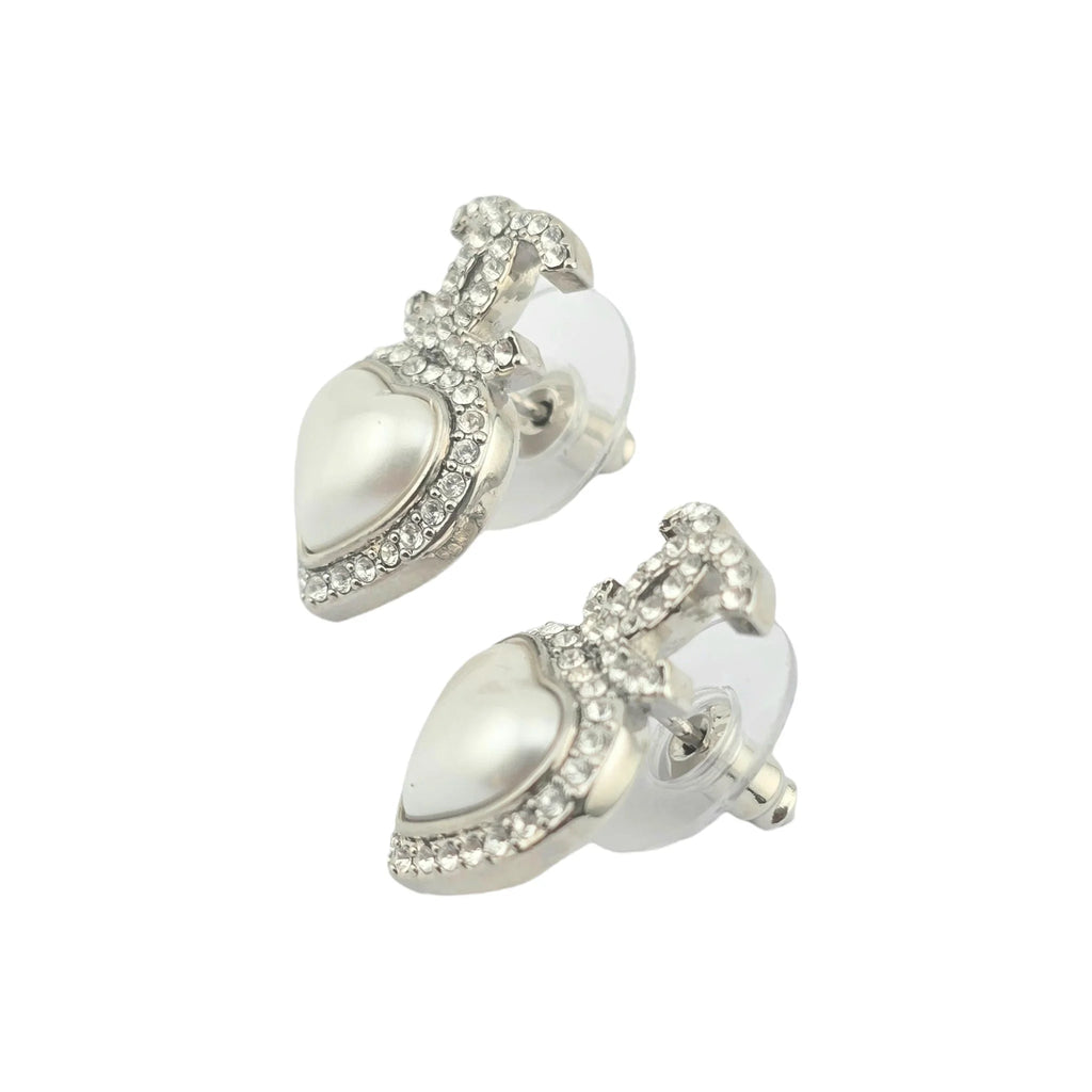 Chanel CC Pearl Crystal Heart Drop Earrings Silver 2023 CHANEL