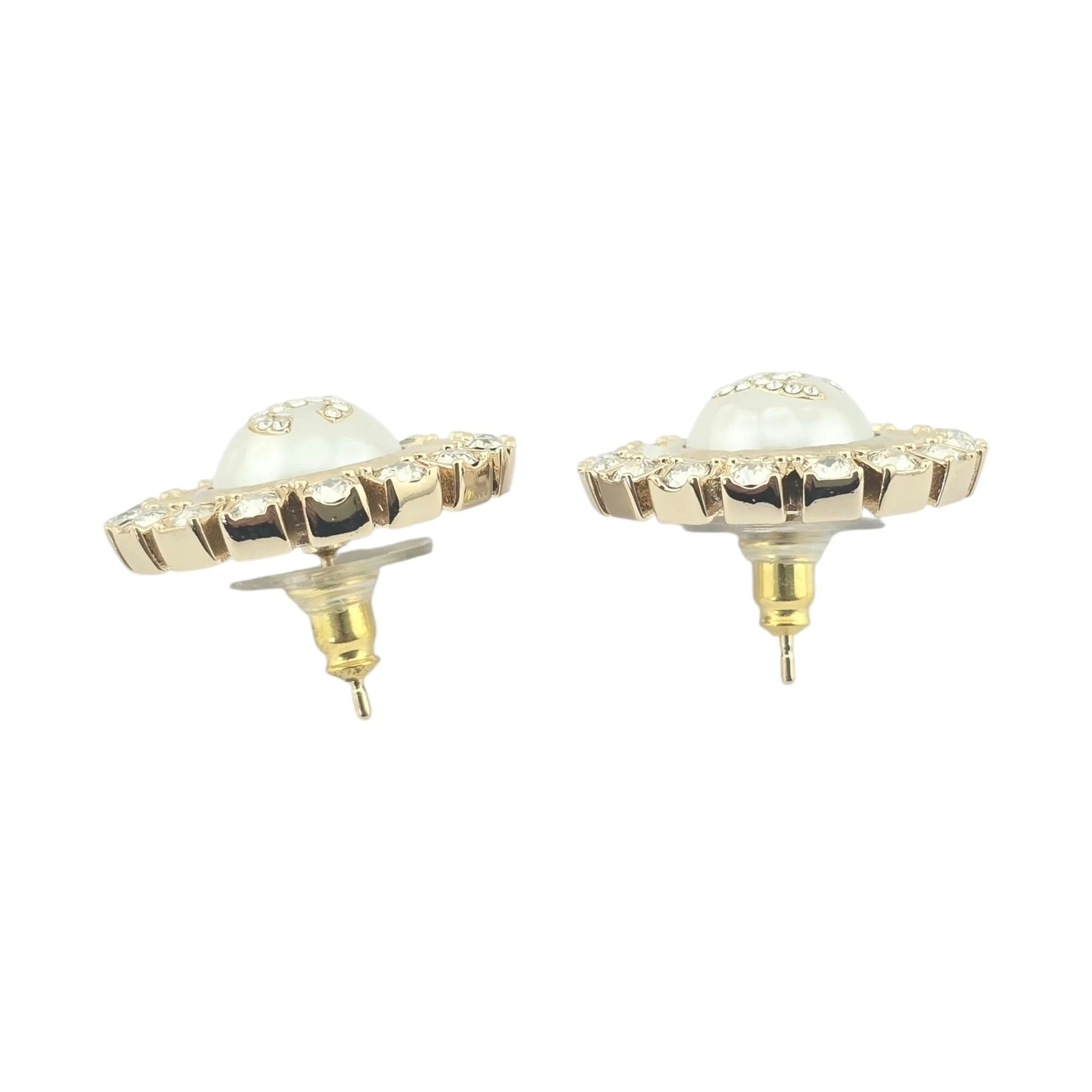 Chanel Metal Pearl Crystal CC Round Earrings Light Gold 2024 CHANEL