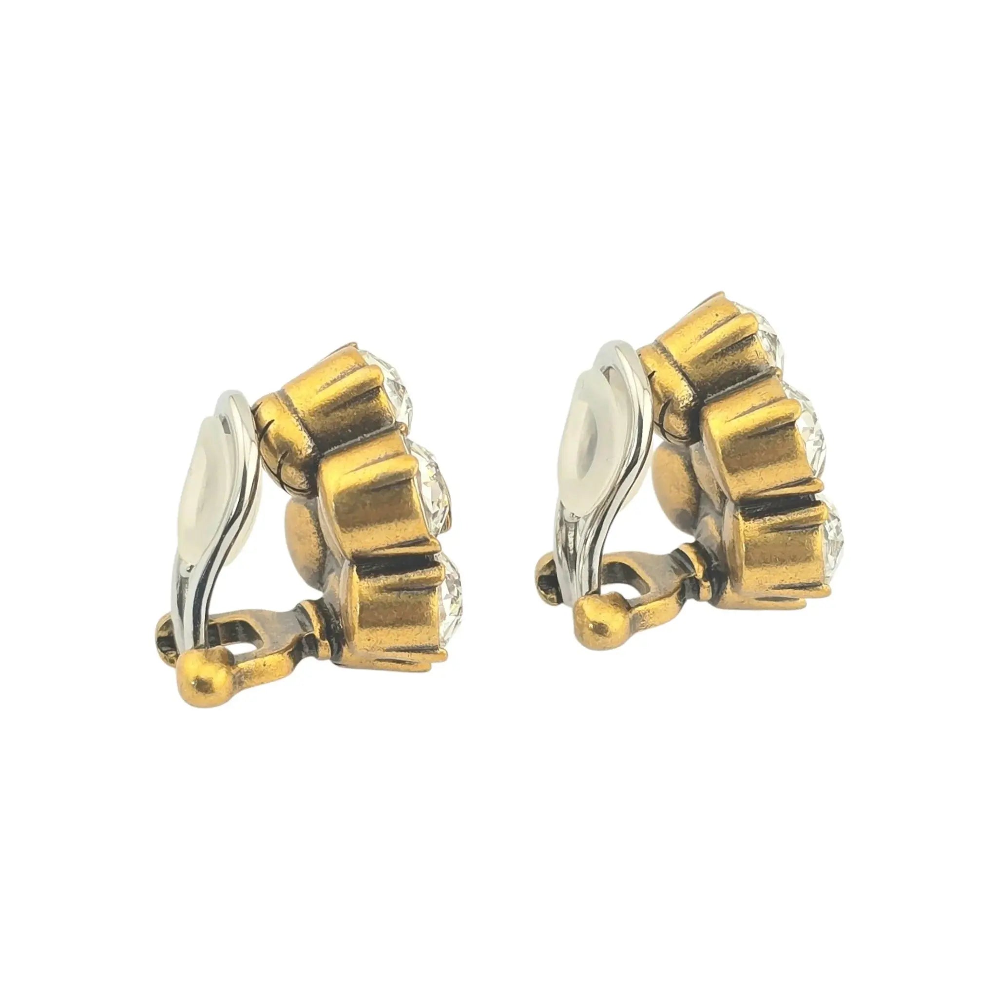 GUCCI Metal Crystal Double G Clip On Earrings Aged Gold GUCCI