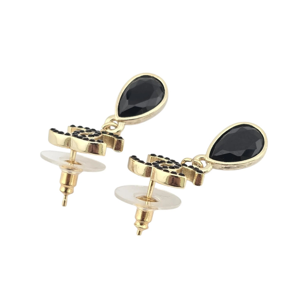Chanel Crystal CC Teardrop Earrings Gold Black 2021 CHANEL