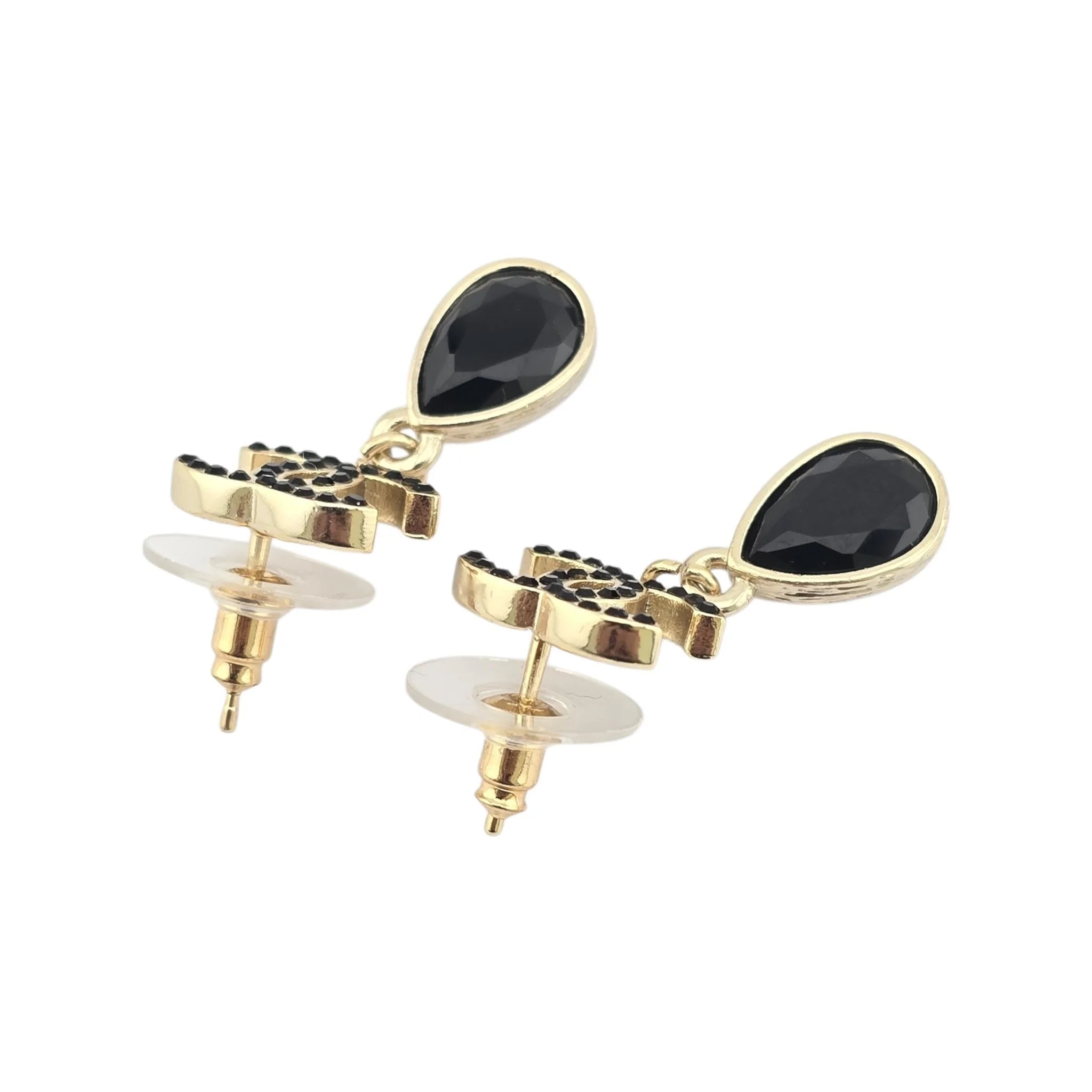 Chanel Crystal CC Teardrop Earrings Gold Black 2021 CHANEL