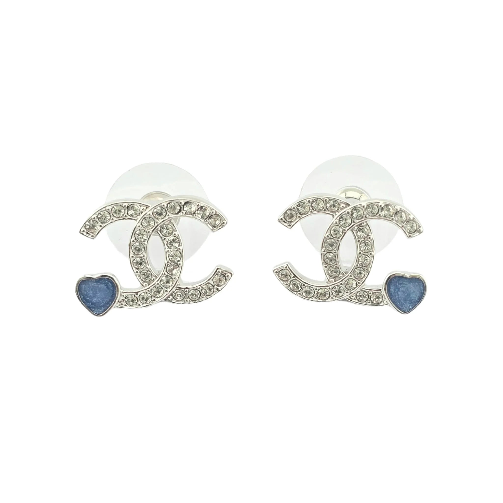 Chanel CC Silver Crystal Blue Heart Stud Earrings 2025 CHANEL