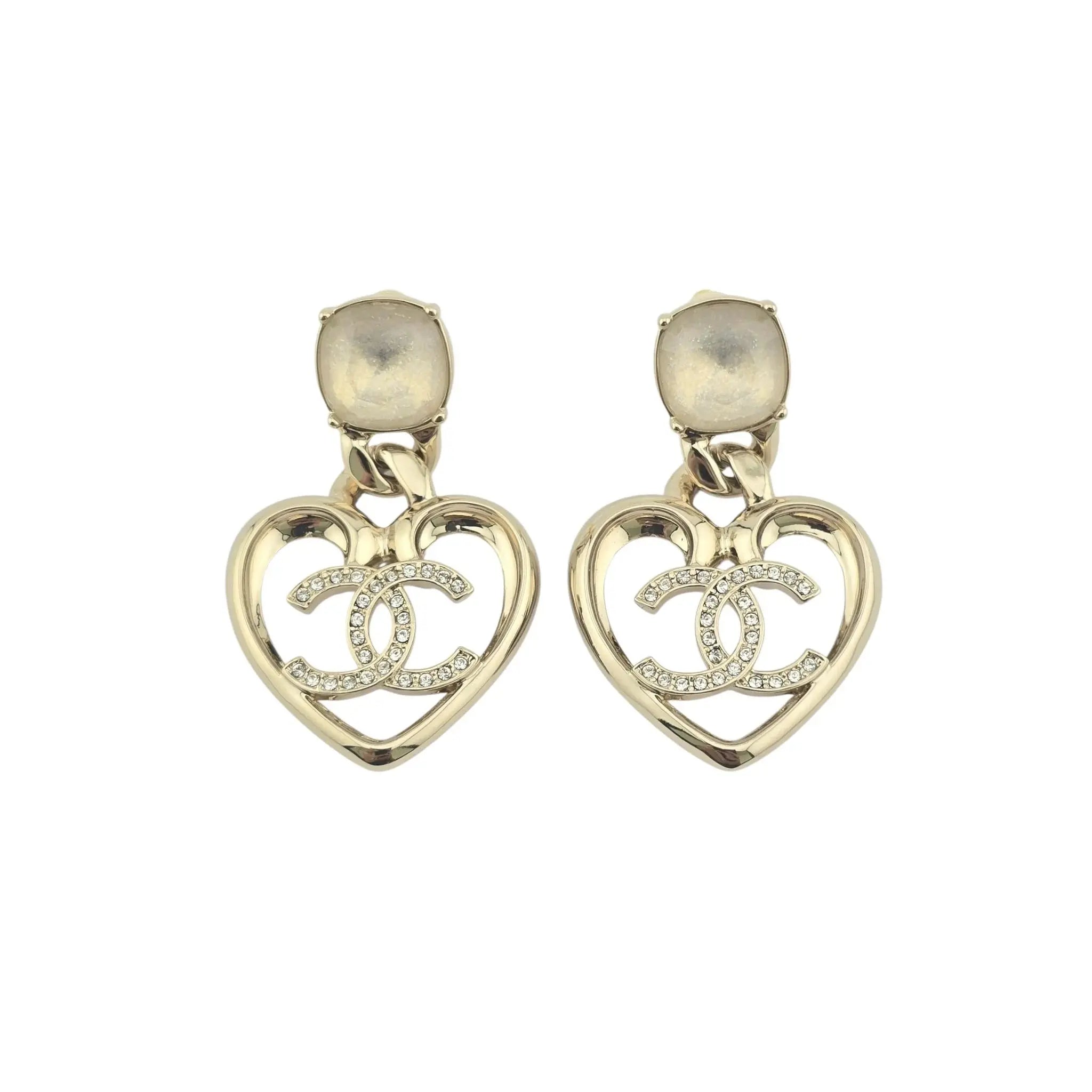 Chanel CC Strass CC Heart Drop Earrings Gold 2023 CHANEL