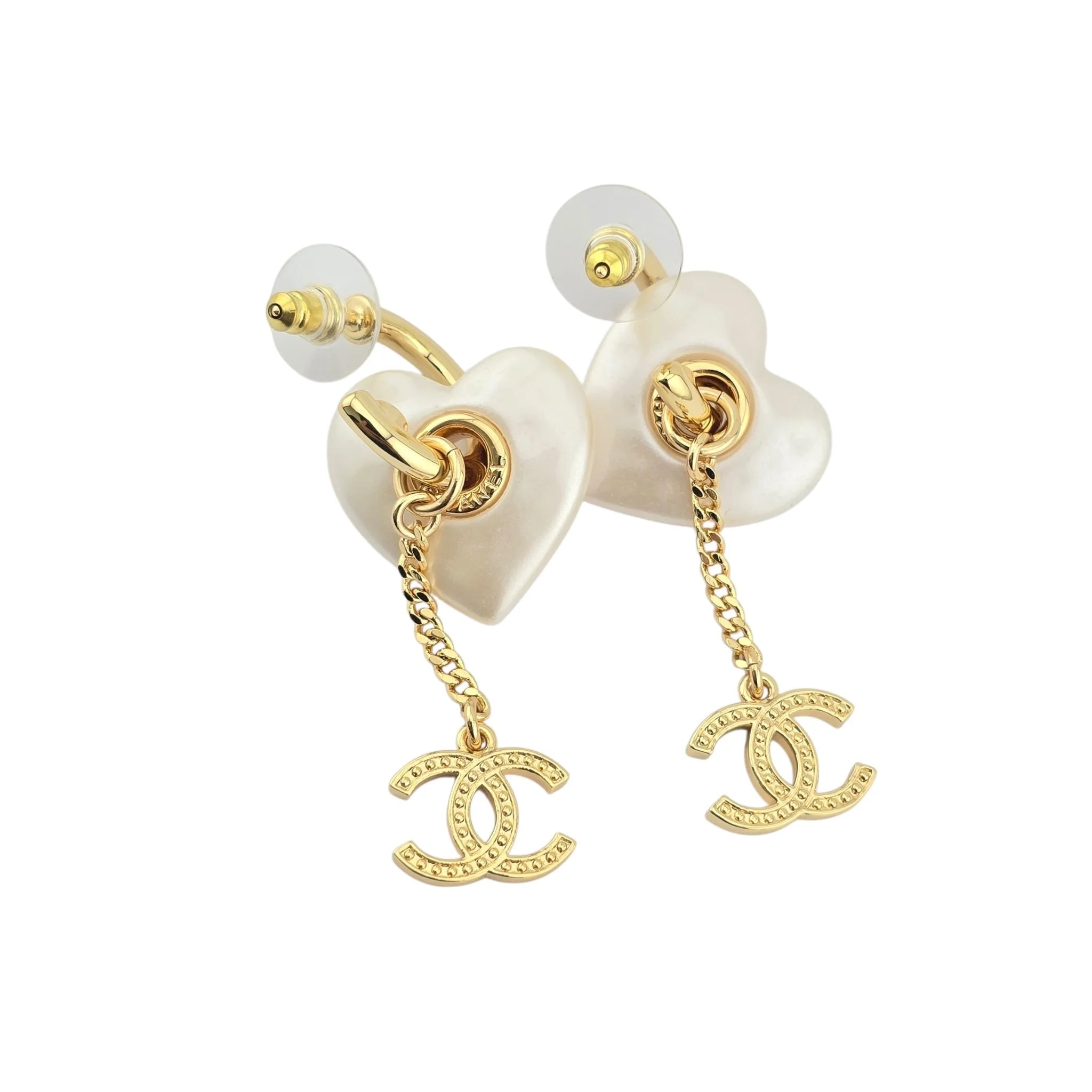 Chanel CC White Resin Heart Chain Earrings CHANEL