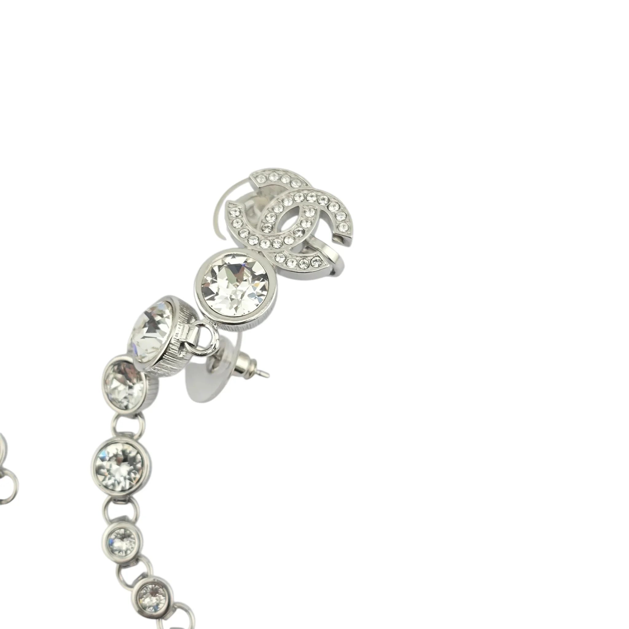 Chanel CC Crystal Cuff Climber Long Drop Earrings Silver 2023 CHANEL