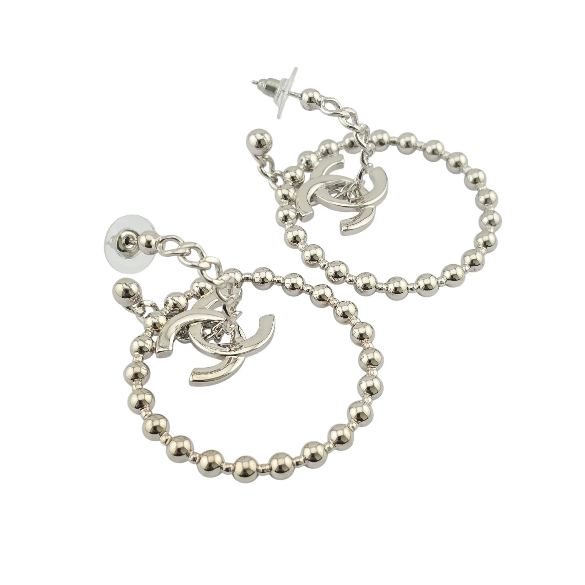 Chanel Silver Metal Tone CC Cross Chain Hoop Earrings 2022 CHANEL