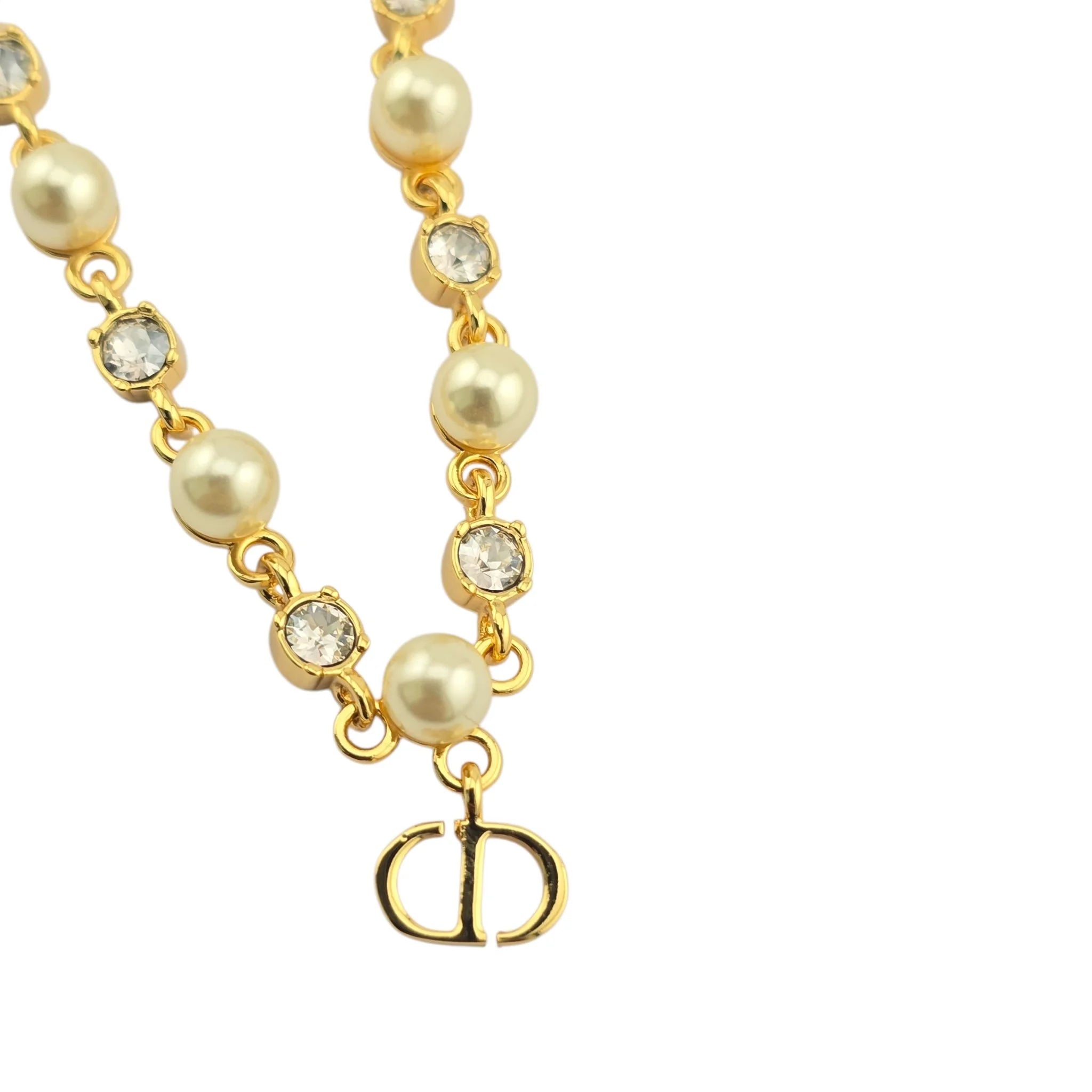 Christian Dior Petit CD Treasure Necklace Metal Resin Pearl Crystal Chain DIOR