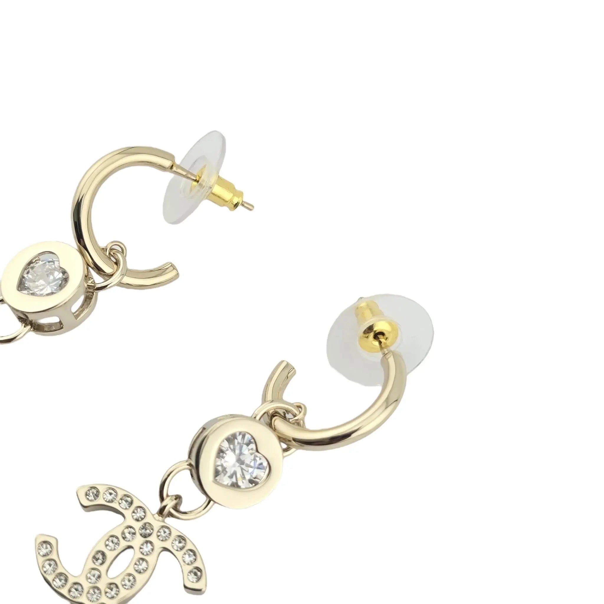 Chanel CC Crystal Heart Drop Earrings Gold CHANEL