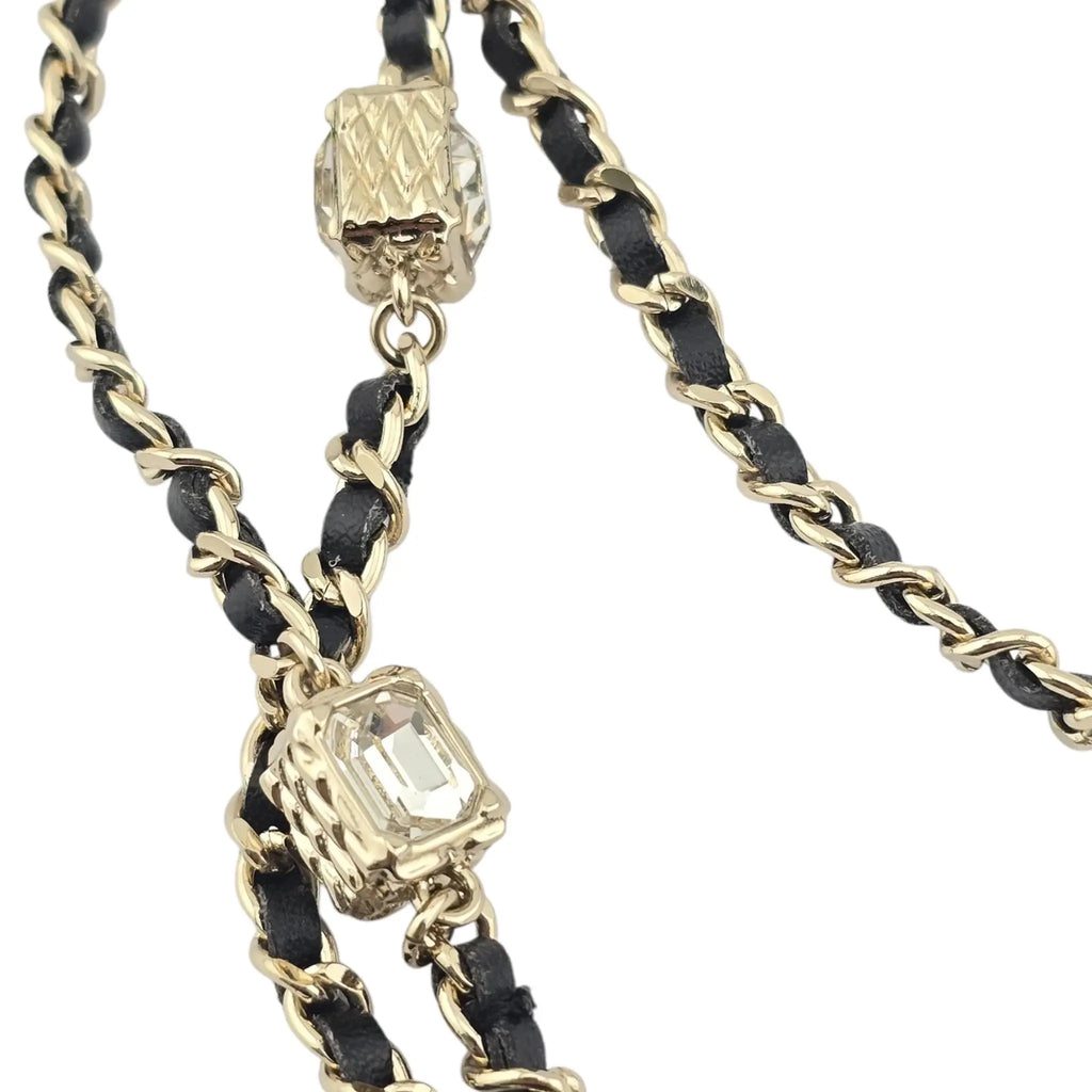 Chanel CC Gold Black Leather Long Necklace A23 CHANEL