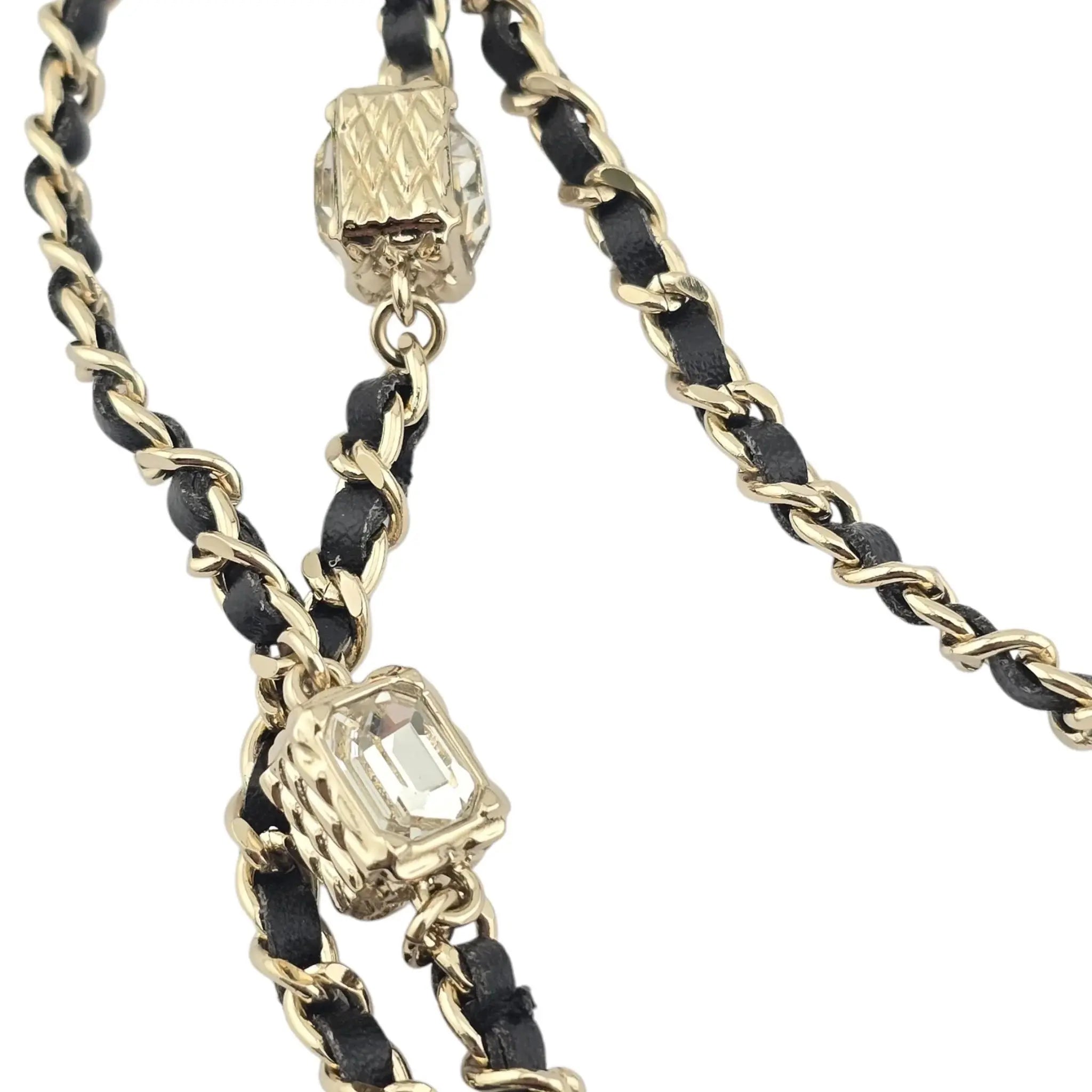 Chanel CC Gold Black Leather Long Necklace A23 CHANEL