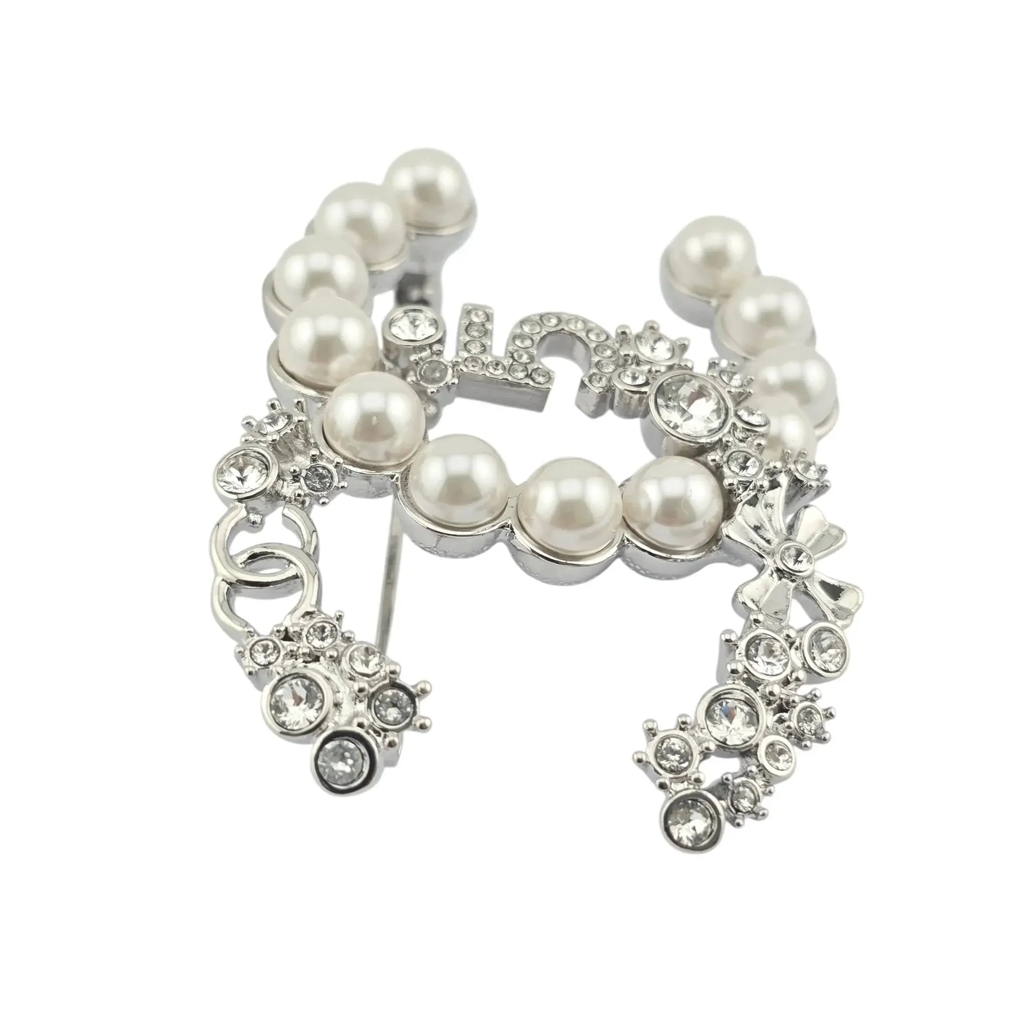 Chanel CC Crystal Pearl Star 5 Brooch Silver Pearly White B23 CHANEL