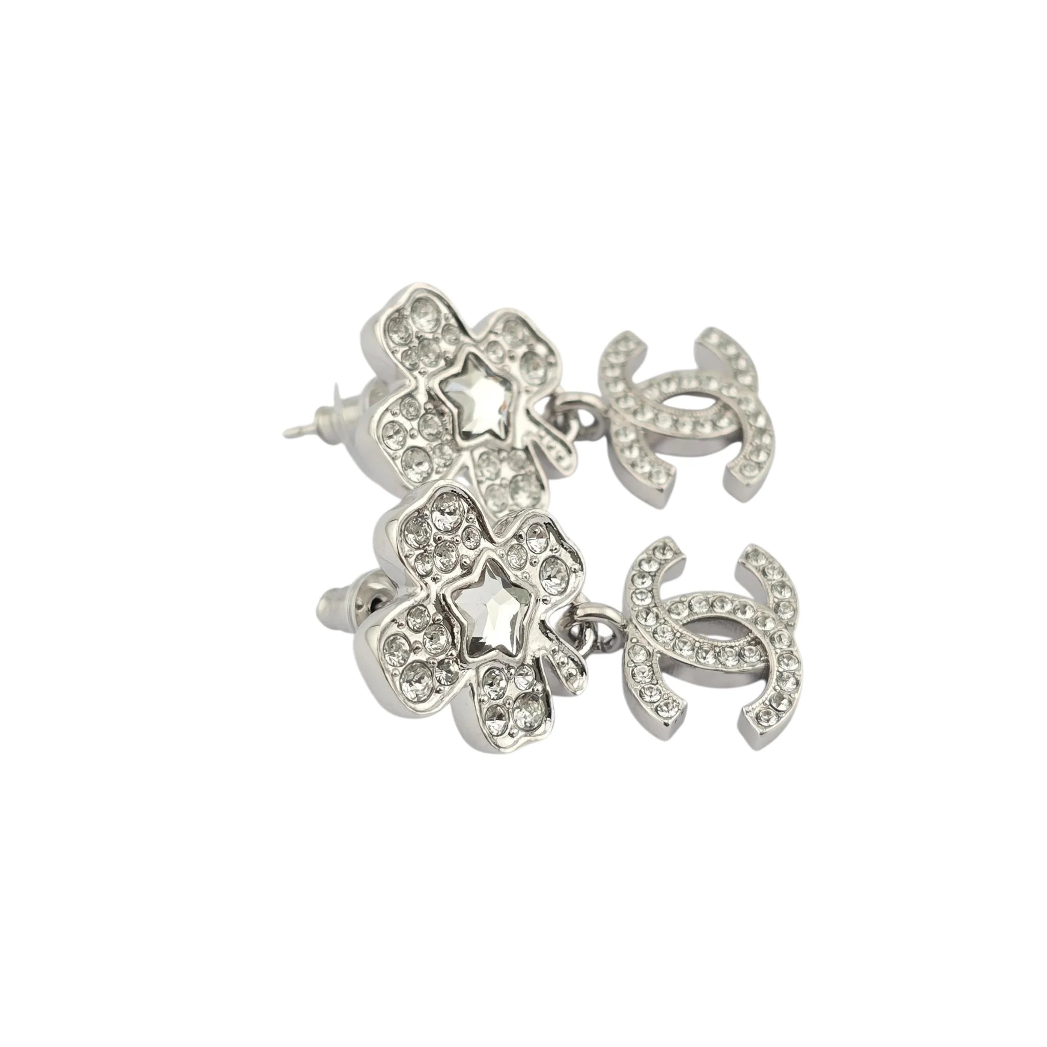 Chanel CC Silver Crystal Star Floral Drop Earrings 2025 CHANEL