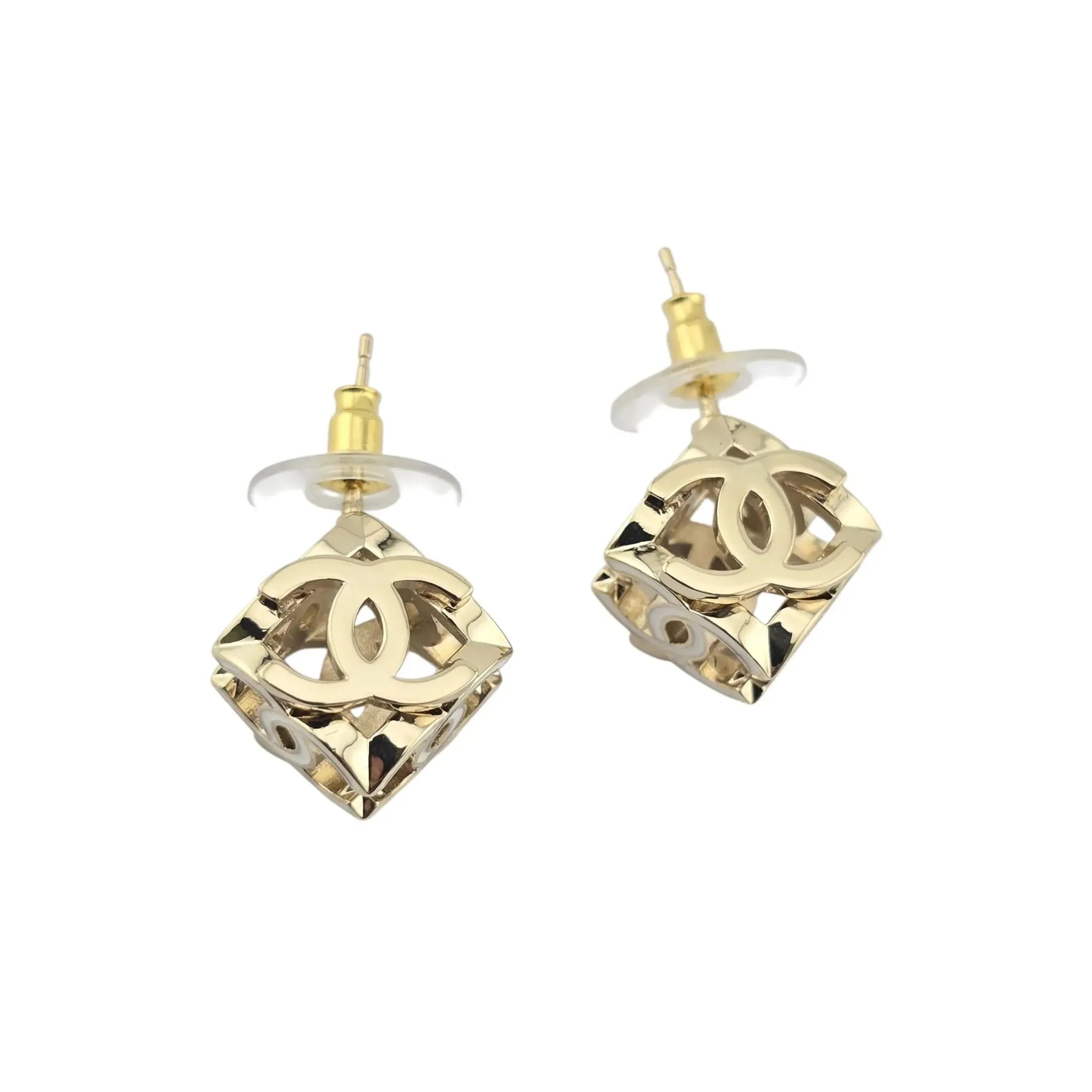 Chanel CC Logo Cube Earrings White Gold 2022 CHANEL