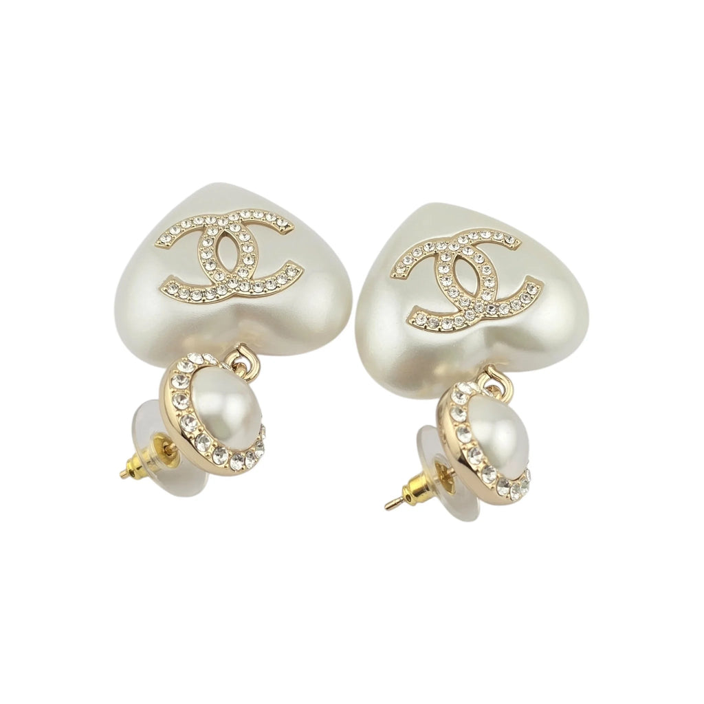 Chanel CC Pearl Crystal Heart Drop Earrings Gold 2021 CHANEL