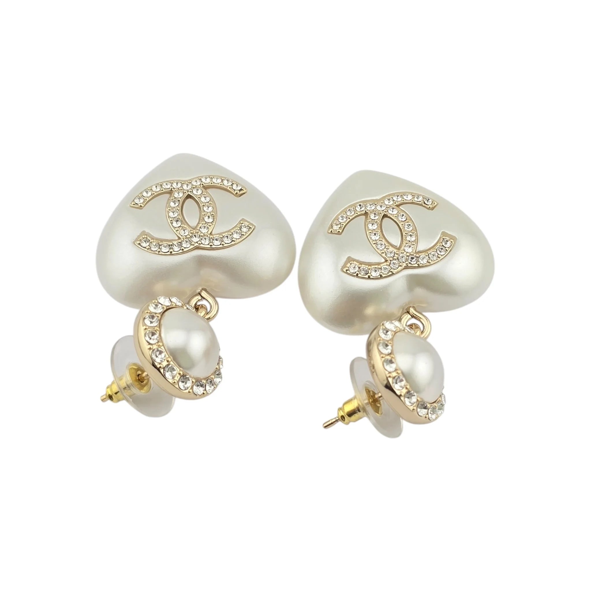 Chanel CC Pearl Crystal Heart Drop Earrings Gold 2021 CHANEL
