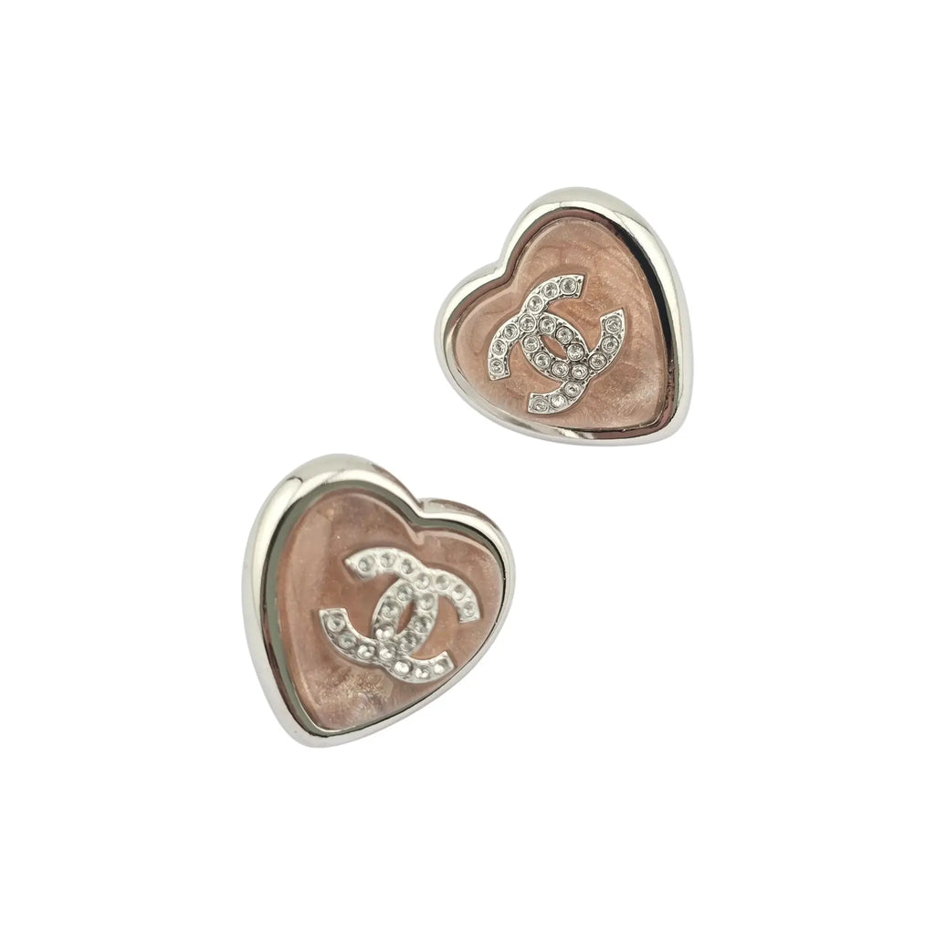 Chanel CC Pink Heart Silver Metal Earrings B25 CHANEL