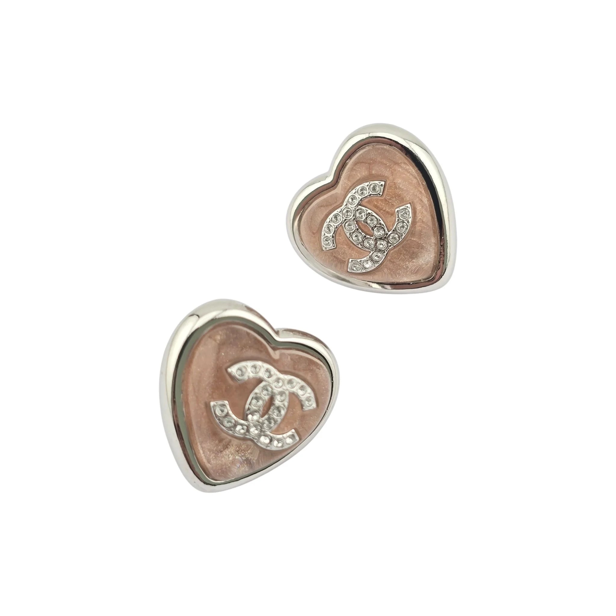Chanel CC Pink Heart Silver Metal Earrings B25 CHANEL
