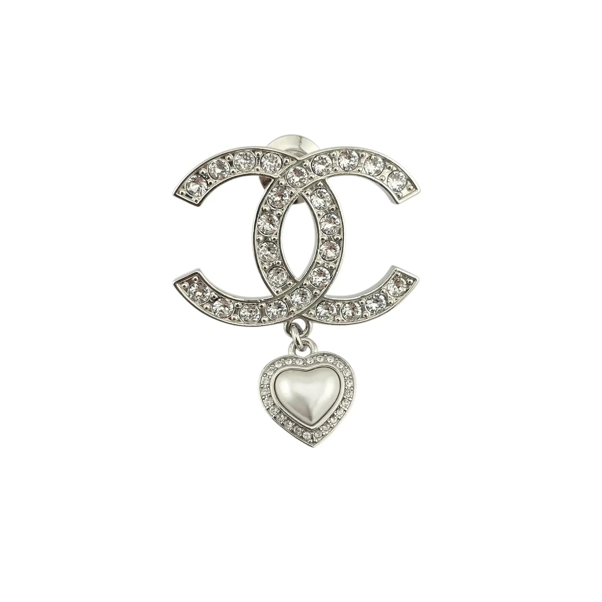 Chanel Crystal Pearl CC Heart Drop Brooch Silver B23 CHANEL