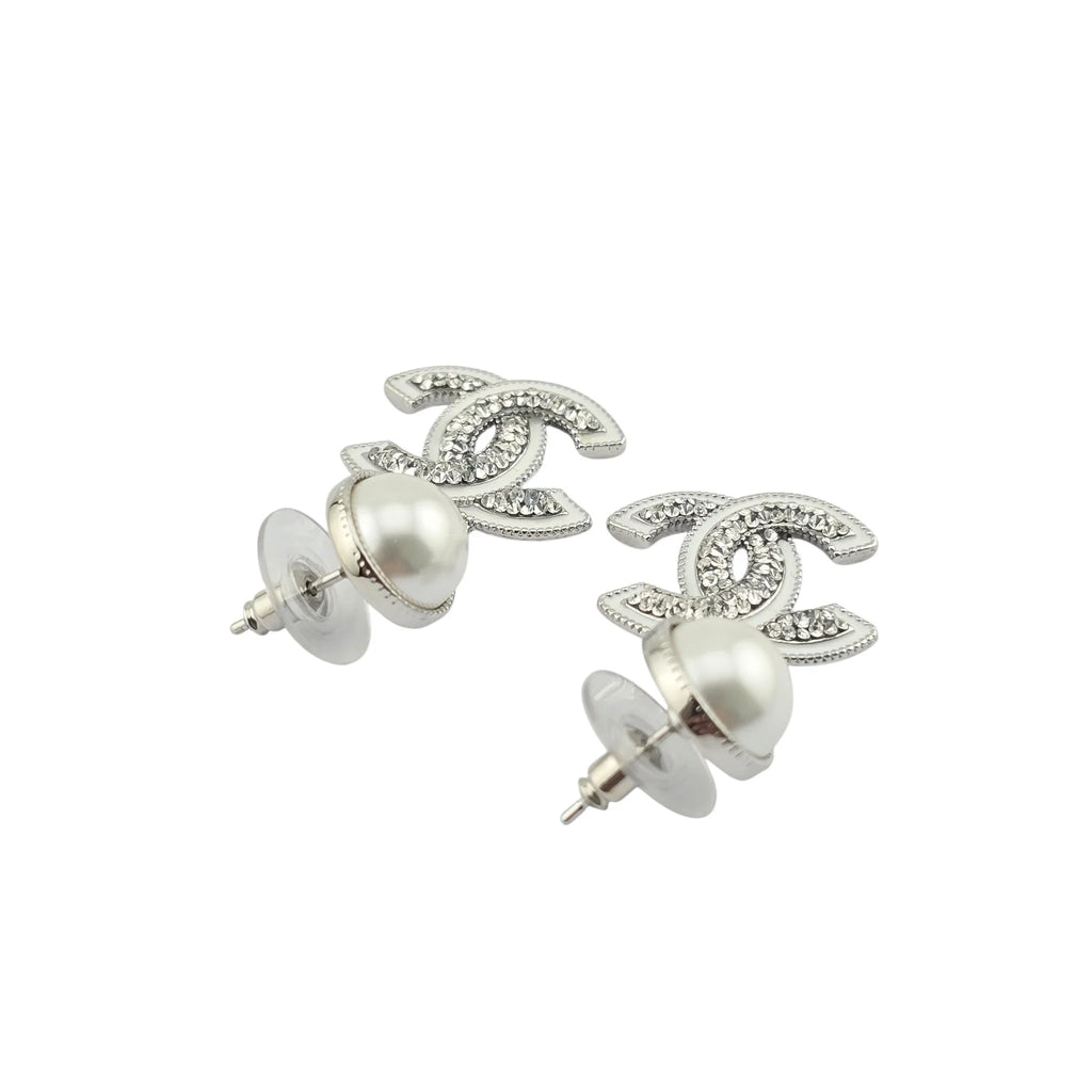 Chanel CC White Silver Crystal Faux Pearl Drop Earrings 2025 CHANEL