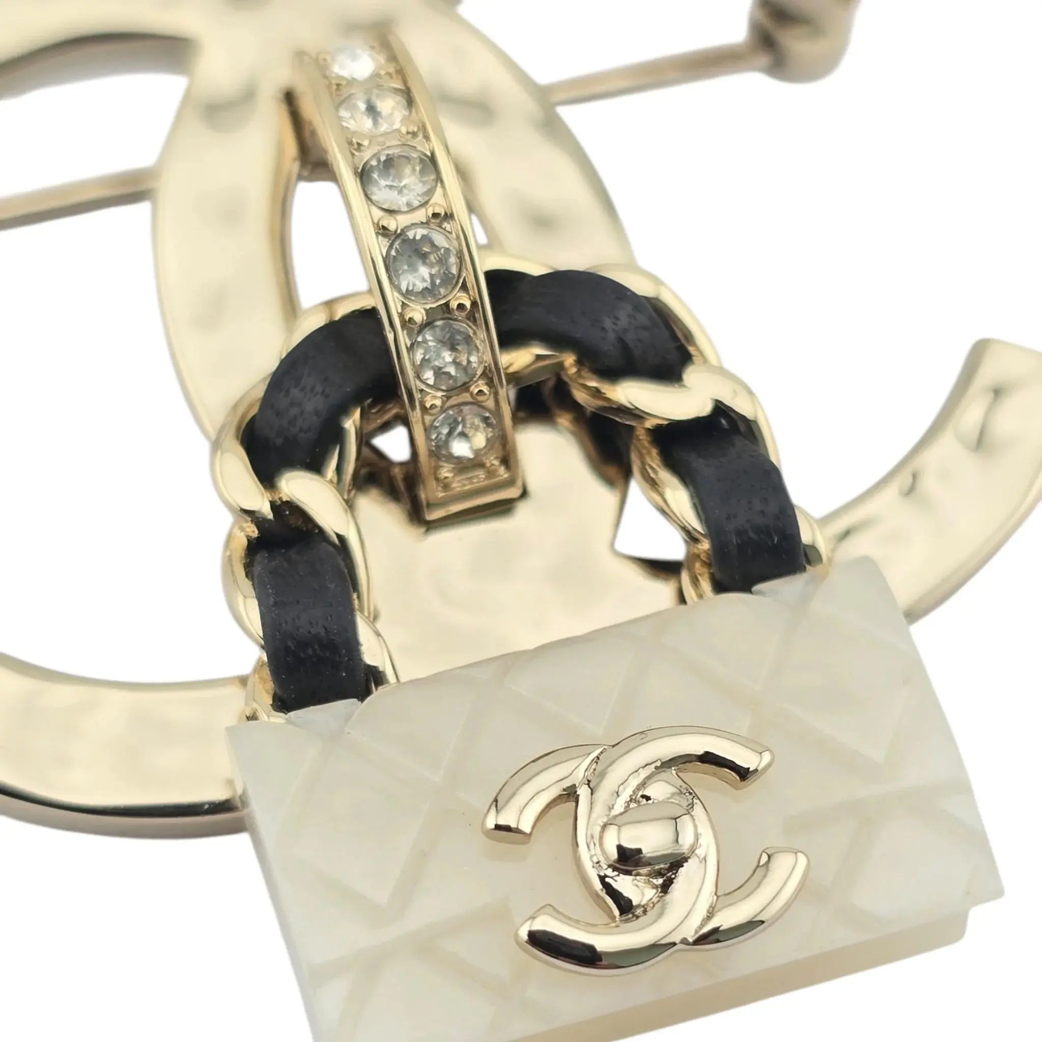 Chanel CC Crystal Resin Flap Bag Brooch Gold White 2023 CHANEL