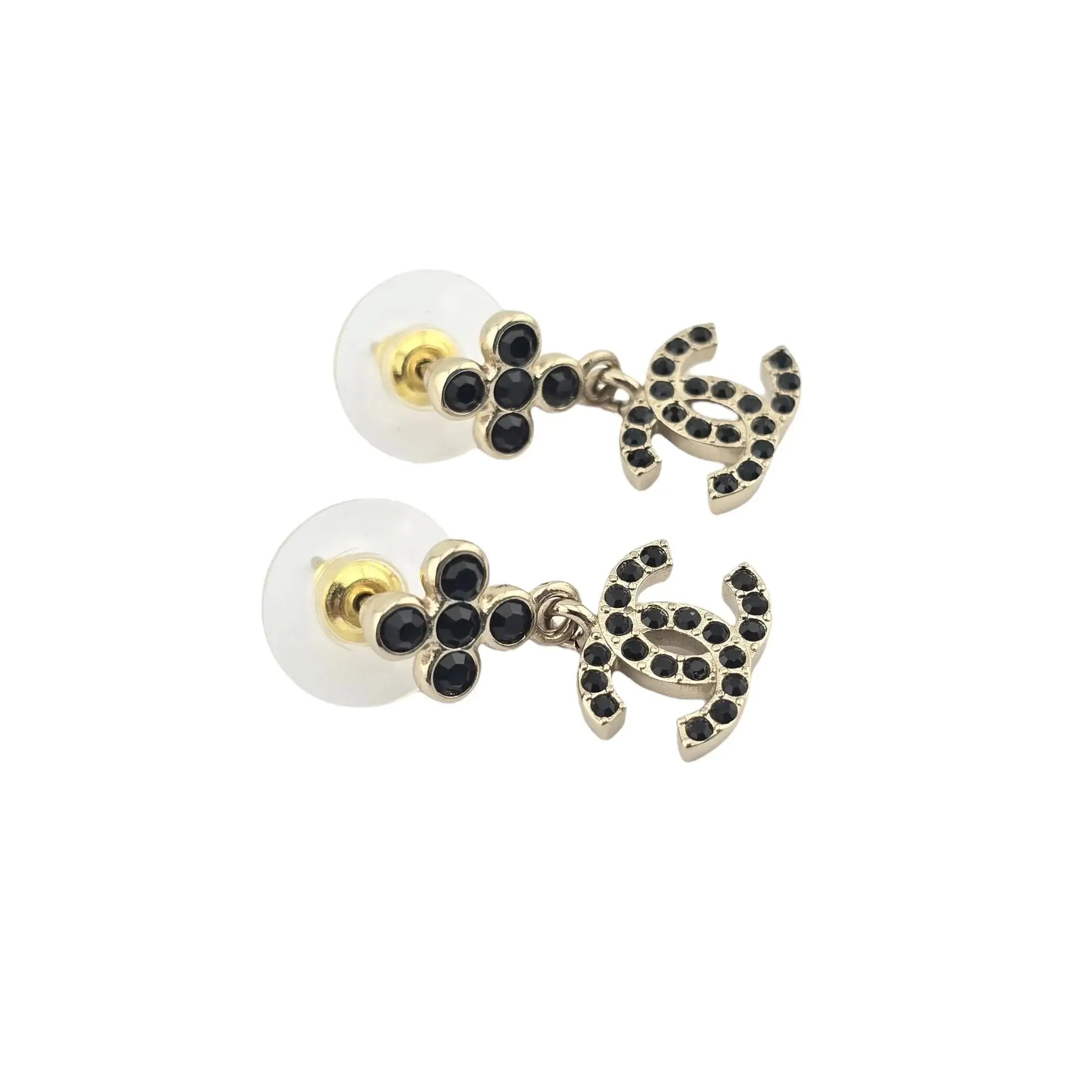 Chanel CC Crystal Drop Earrings Gold Black B23 CHANEL