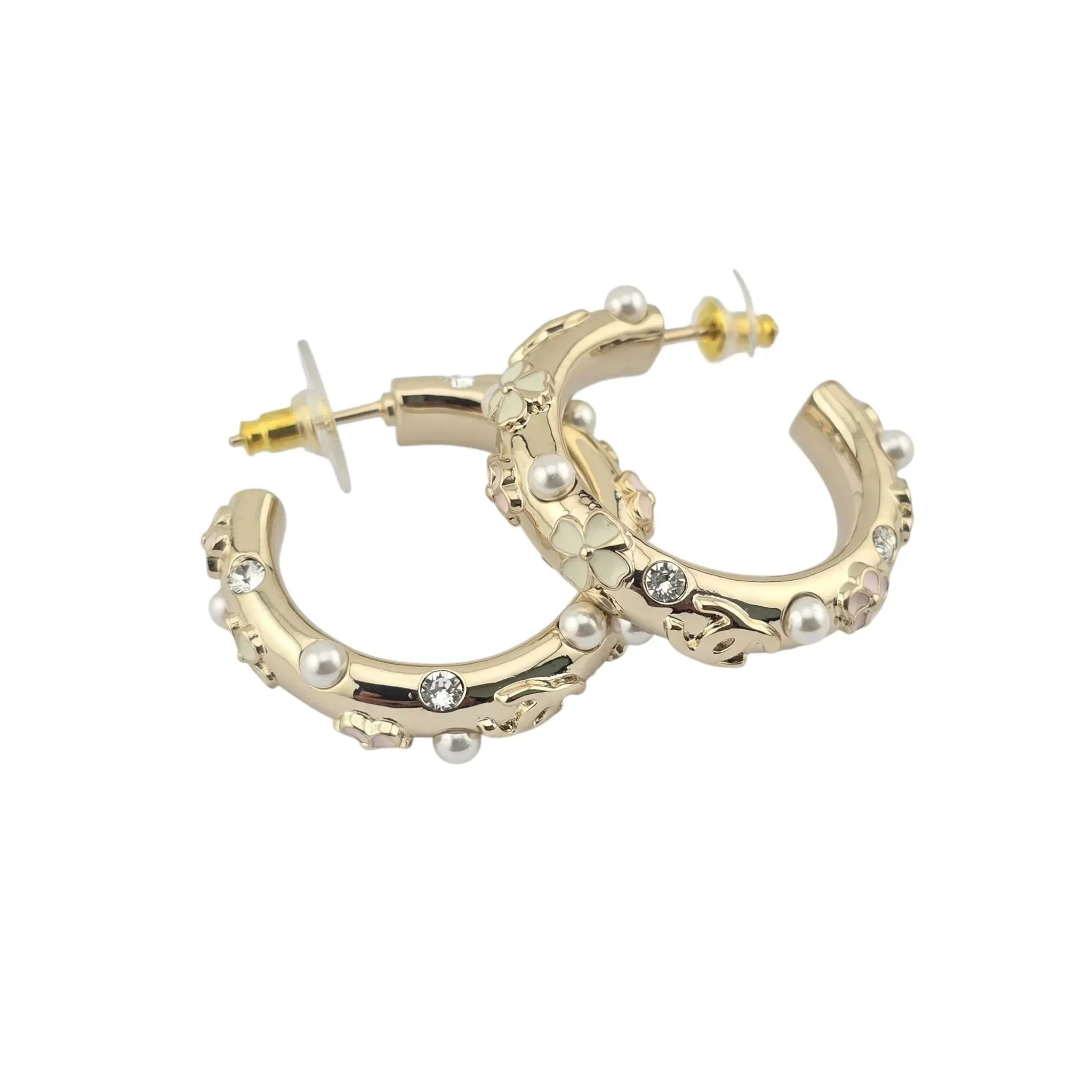 Chanel CC Pearl Clover Camellia Hoop Earrings B22 CHANEL