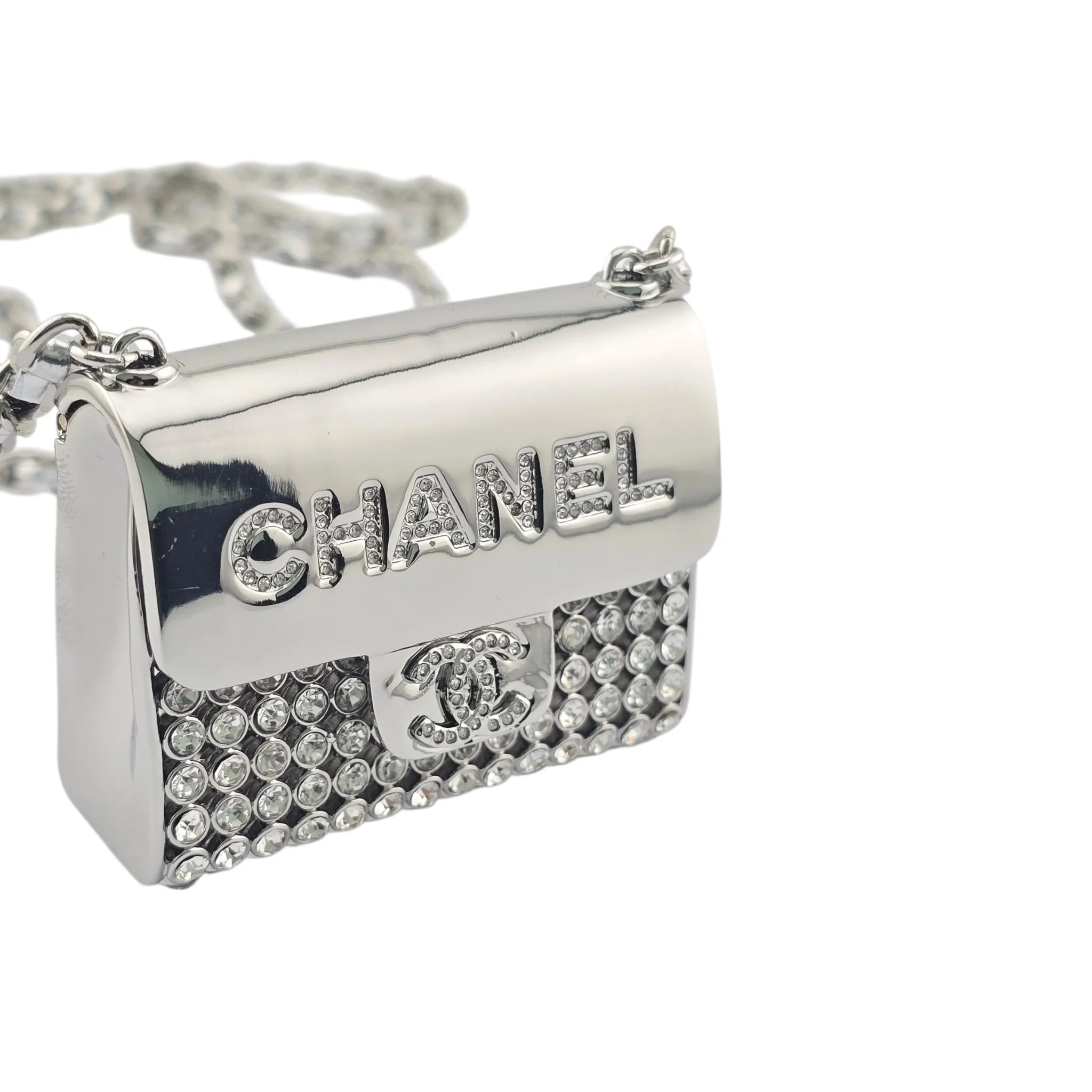 Chanel CC Metal Lambskin Strass Crystal Mini Bag Long Necklace Silver CHANEL