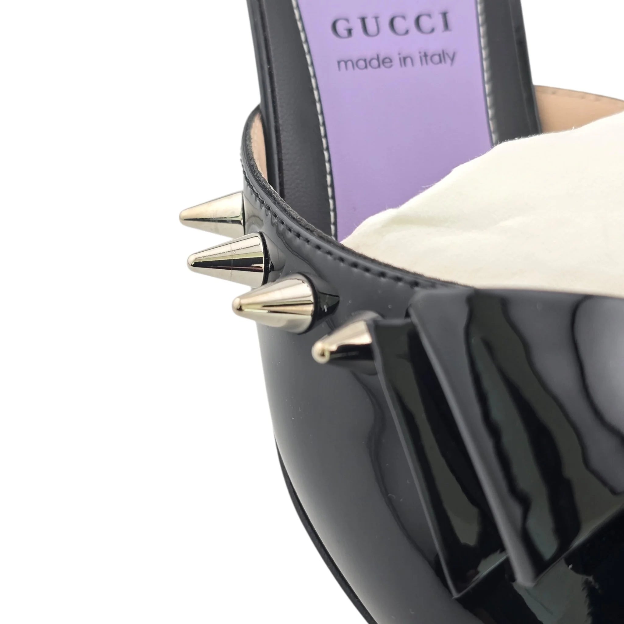 GUCCI Patent GG Bow Sadie Spike Mid Heel Mules 38.5 Black GUCCI