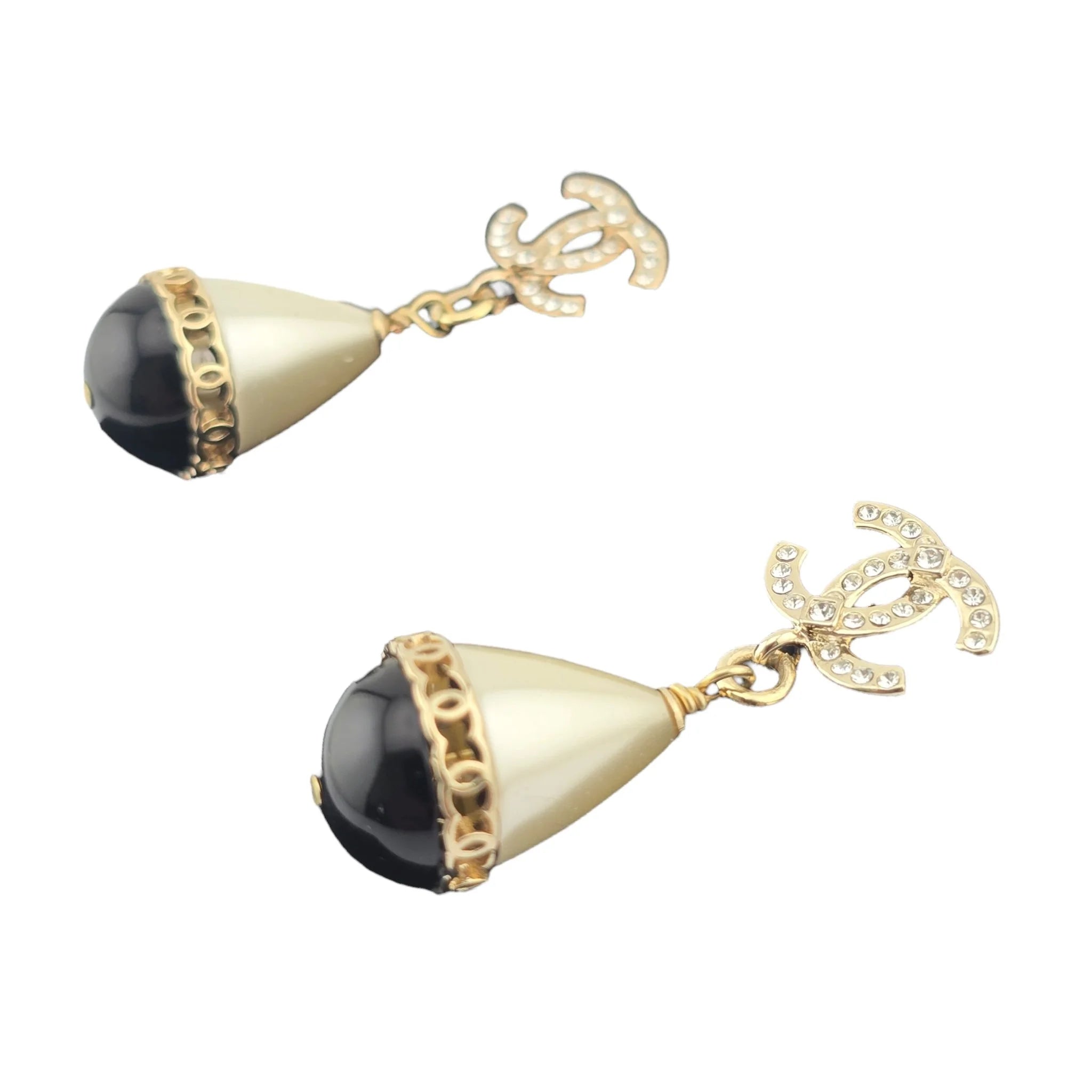 Chanel Crystal Pearl CC Drop Earrings Gold Black CHANEL