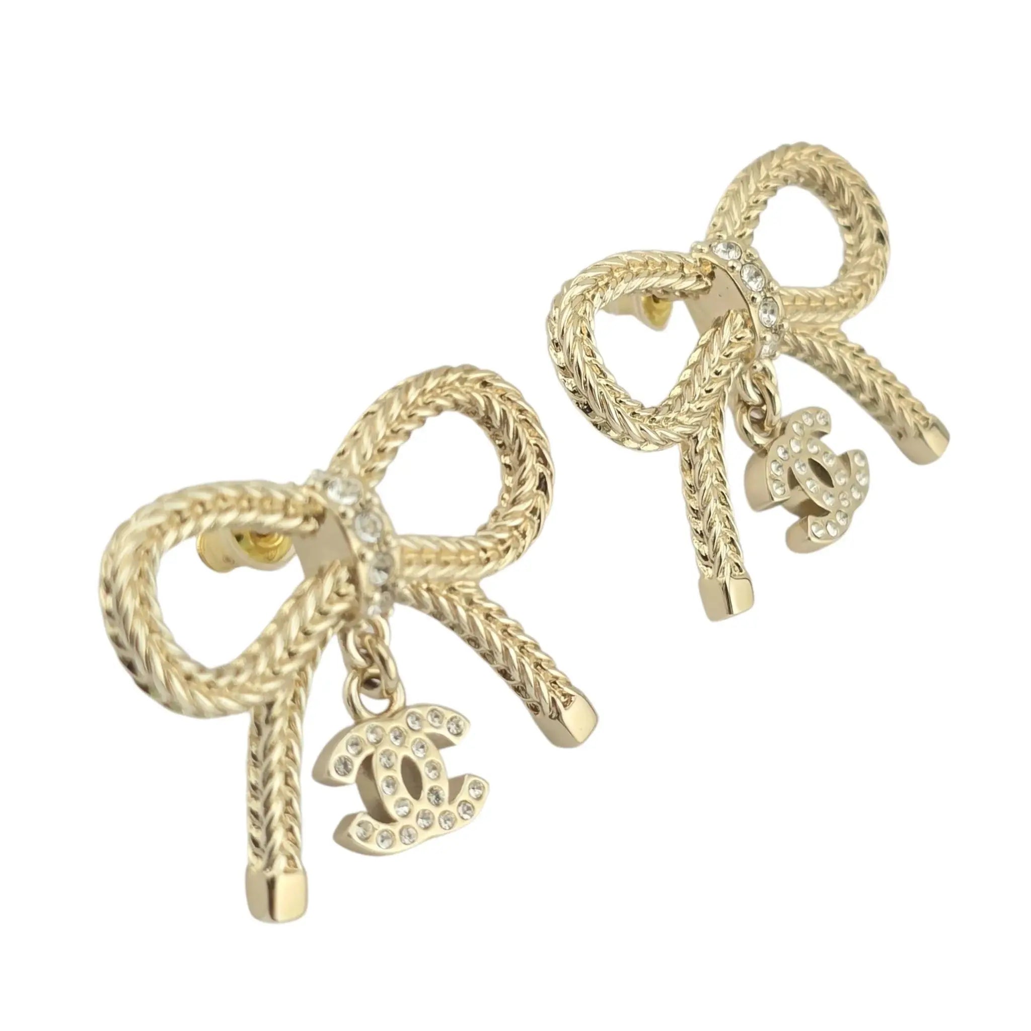 Chanel CC Crystal Bow Drop Earrings Gold 2024 CHANEL
