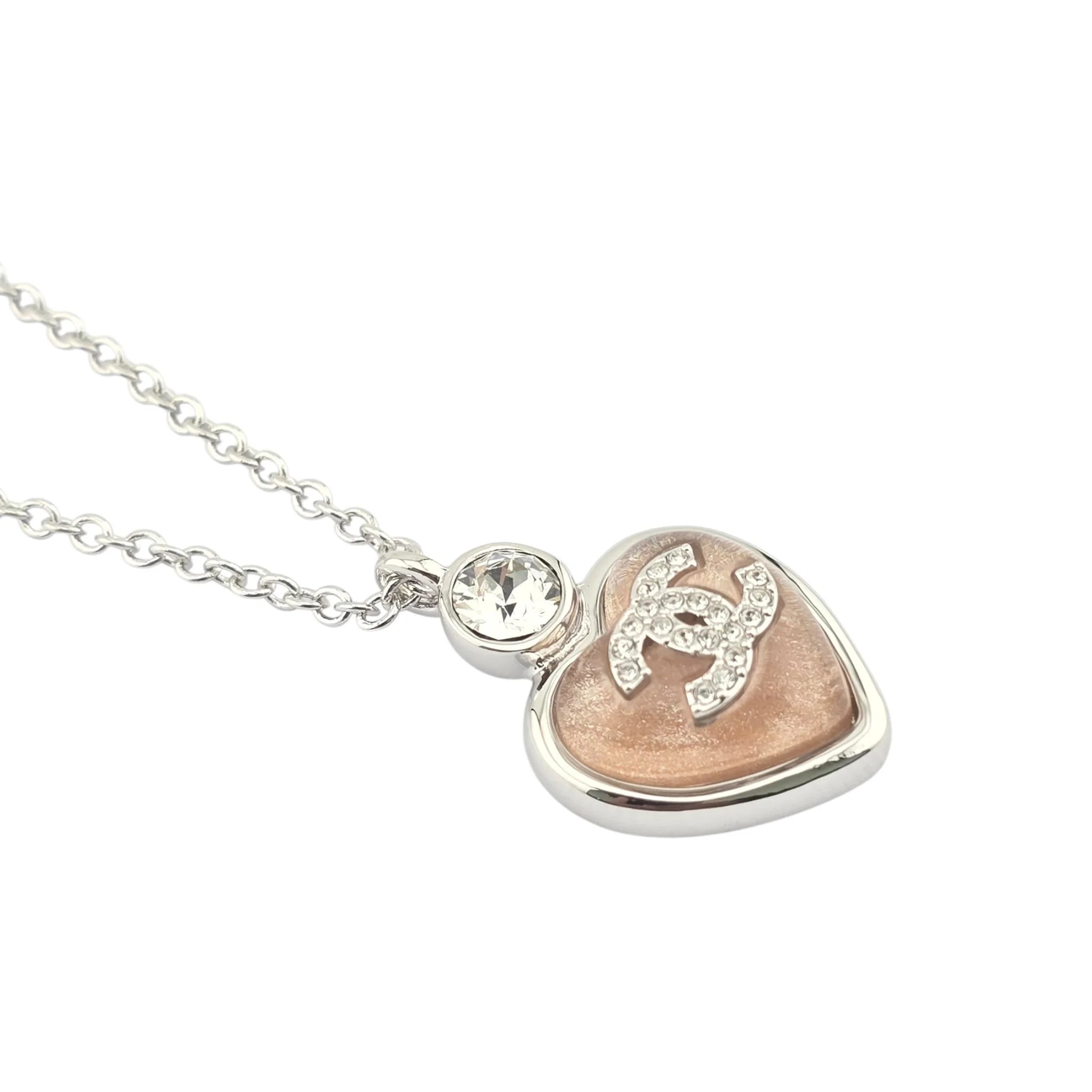Chanel CC Pink Heart Silver Crystal Metal Necklace B25 CHANEL
