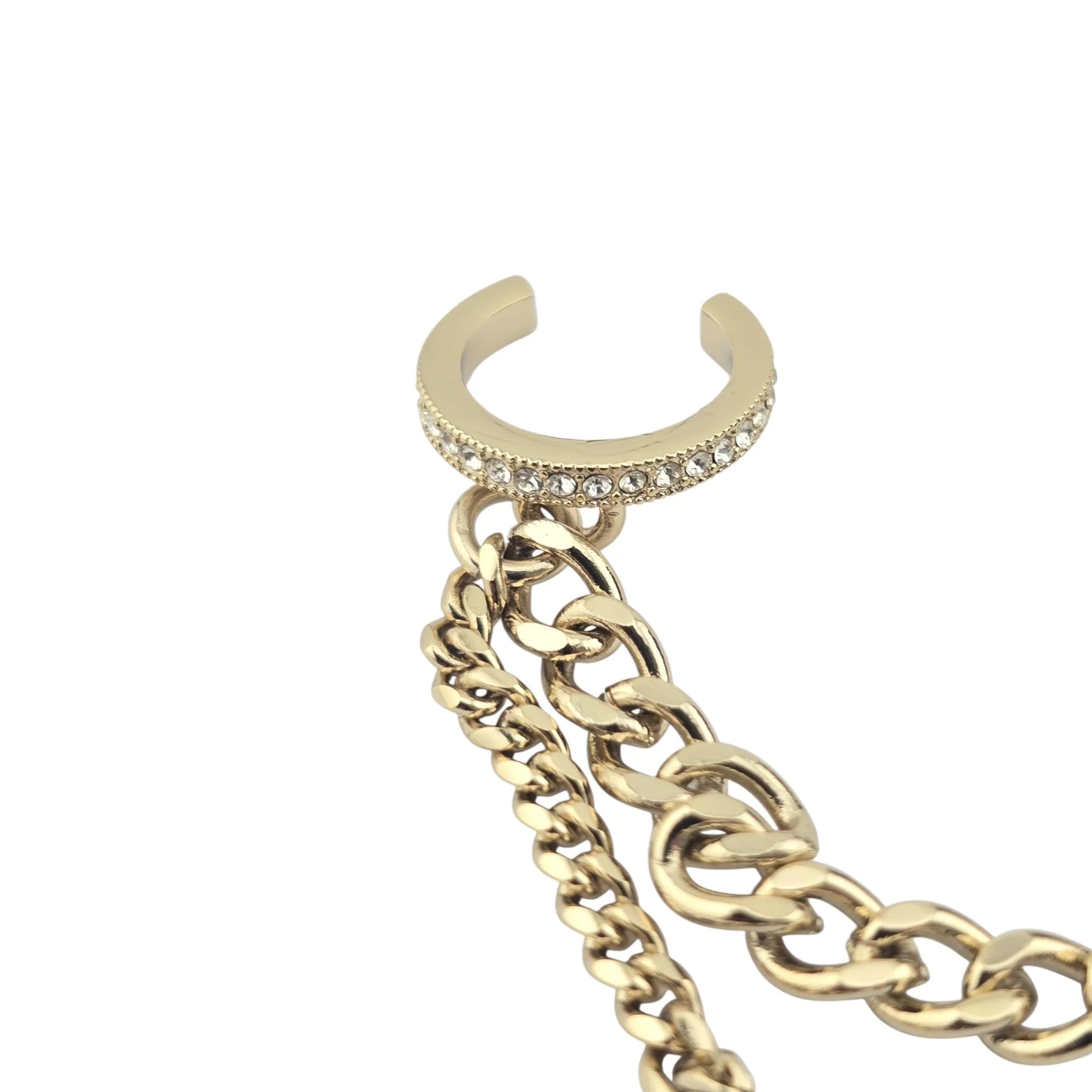 Chanel CC Resin Crystal Heart Chain Cuff Earrings Black Gold CHANEL