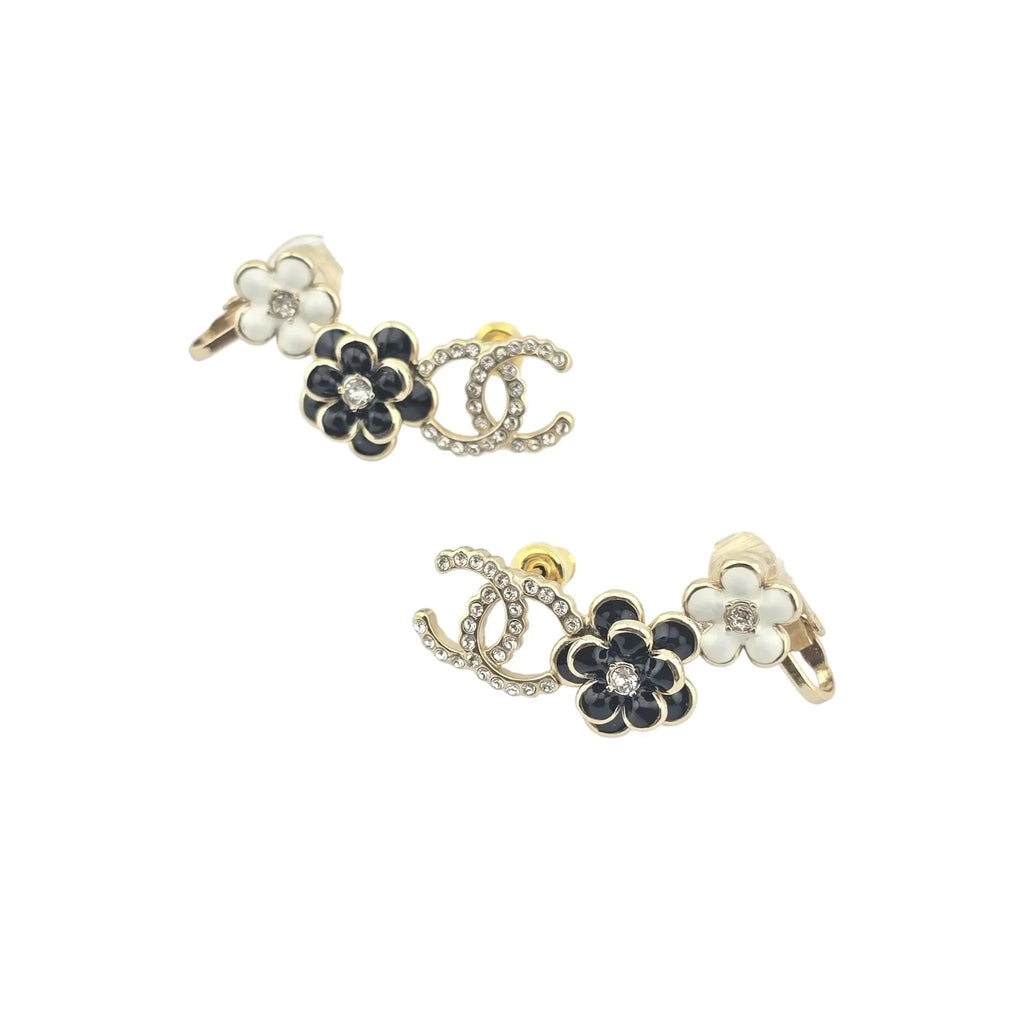 Chanel CC Crystal Enamel Camelia Clip On Stud  Earrings Black White CHANEL