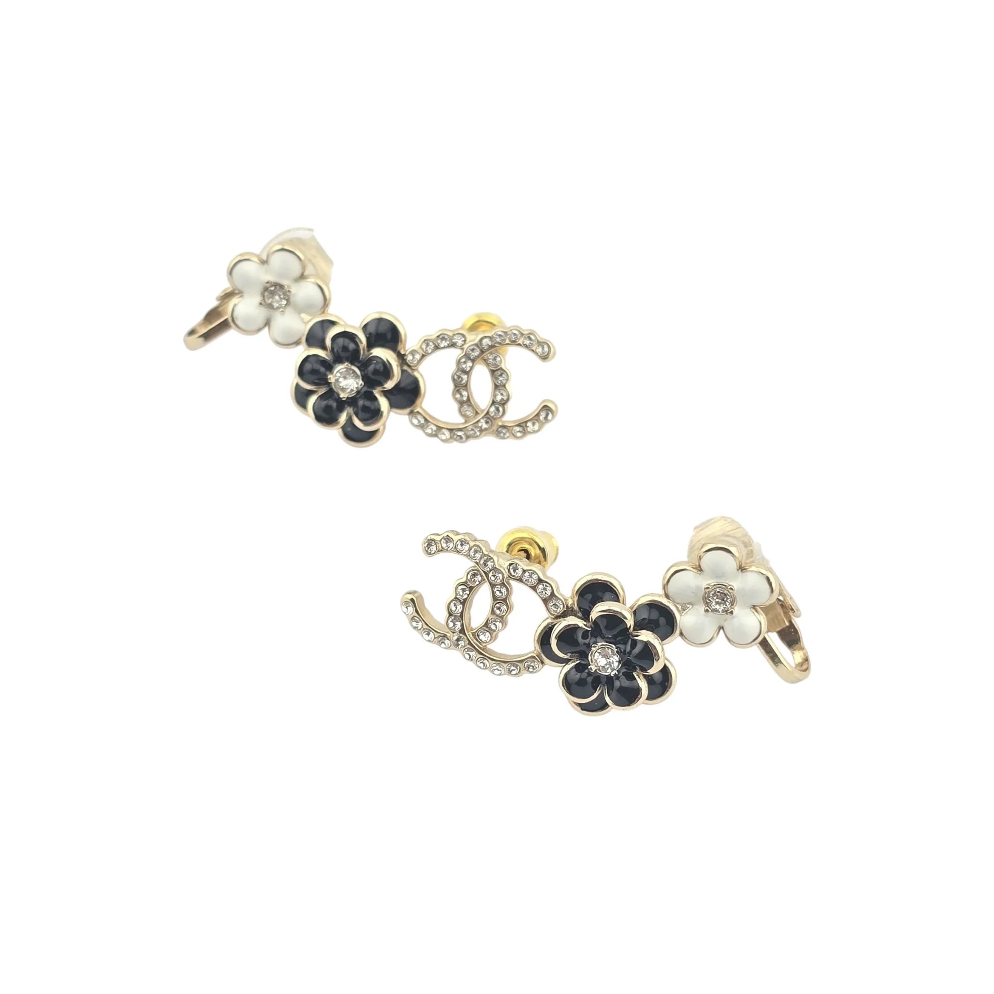 Chanel CC Crystal Enamel Camelia Clip On Stud  Earrings Black White CHANEL