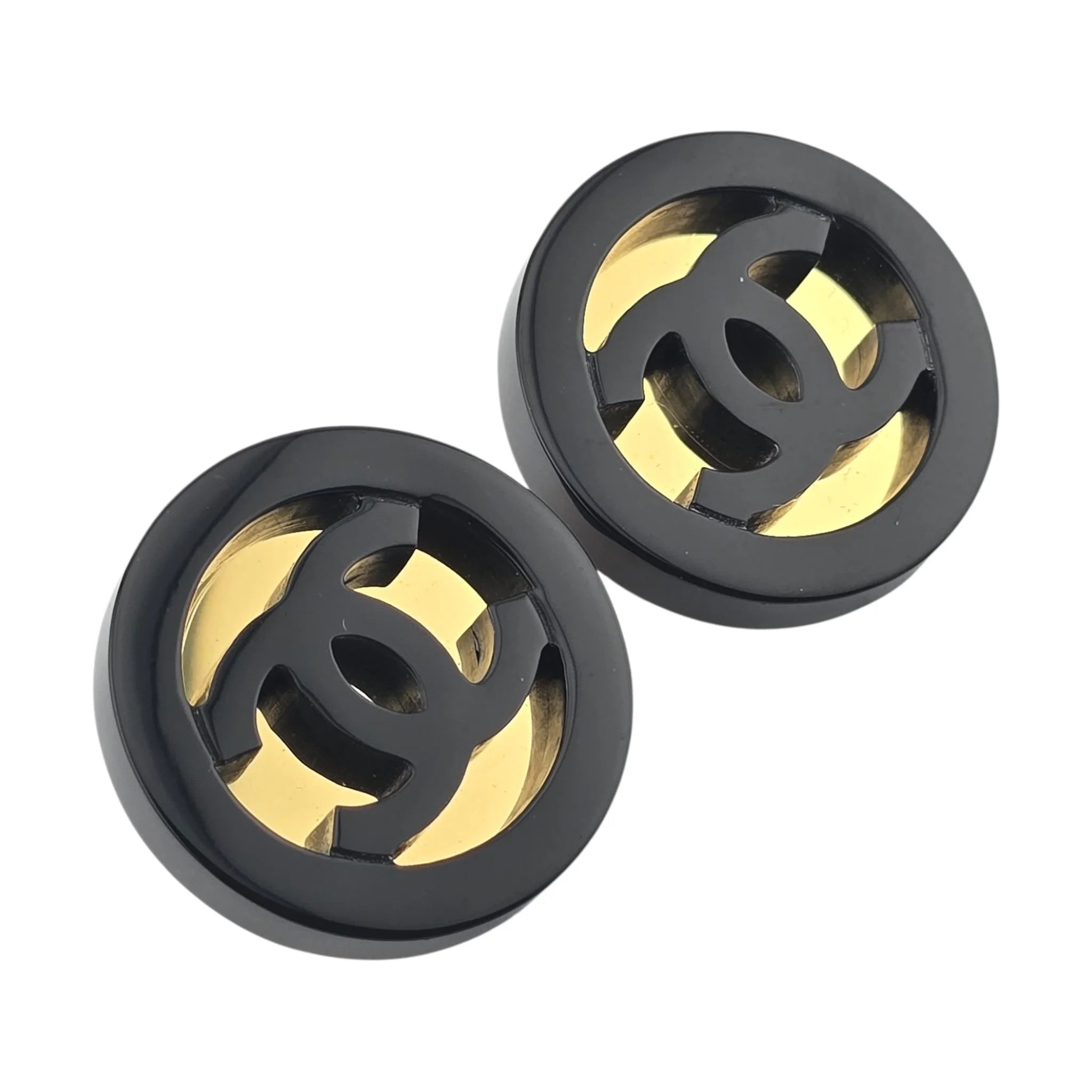 Chanel CC Resin Round Earrings Gold Black 2024 CHANEL