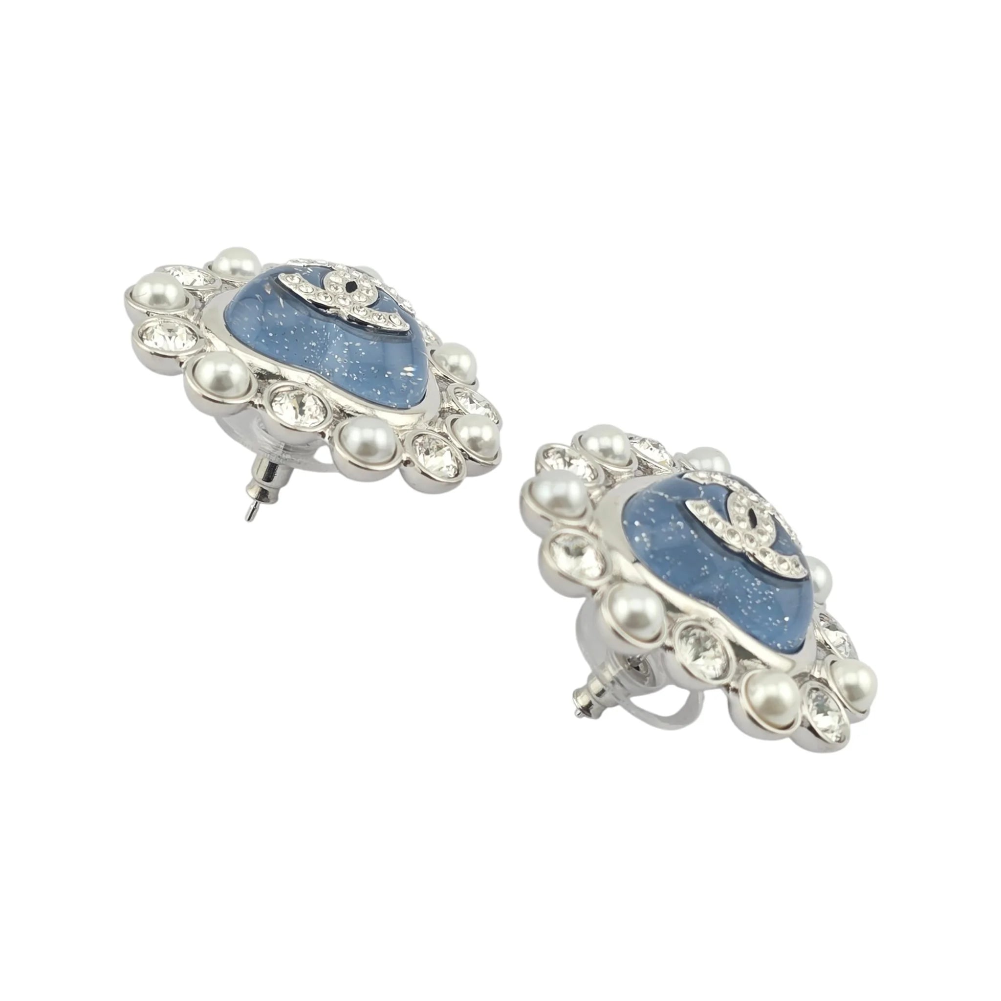 Chanel CC Silver Blue Heart Crystal Faux Pearl Earrings 2025 CHANEL