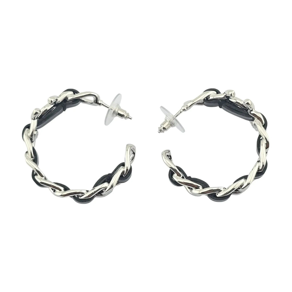 Chanel CC Leather Black Hoop Earrings 2025 CHANEL