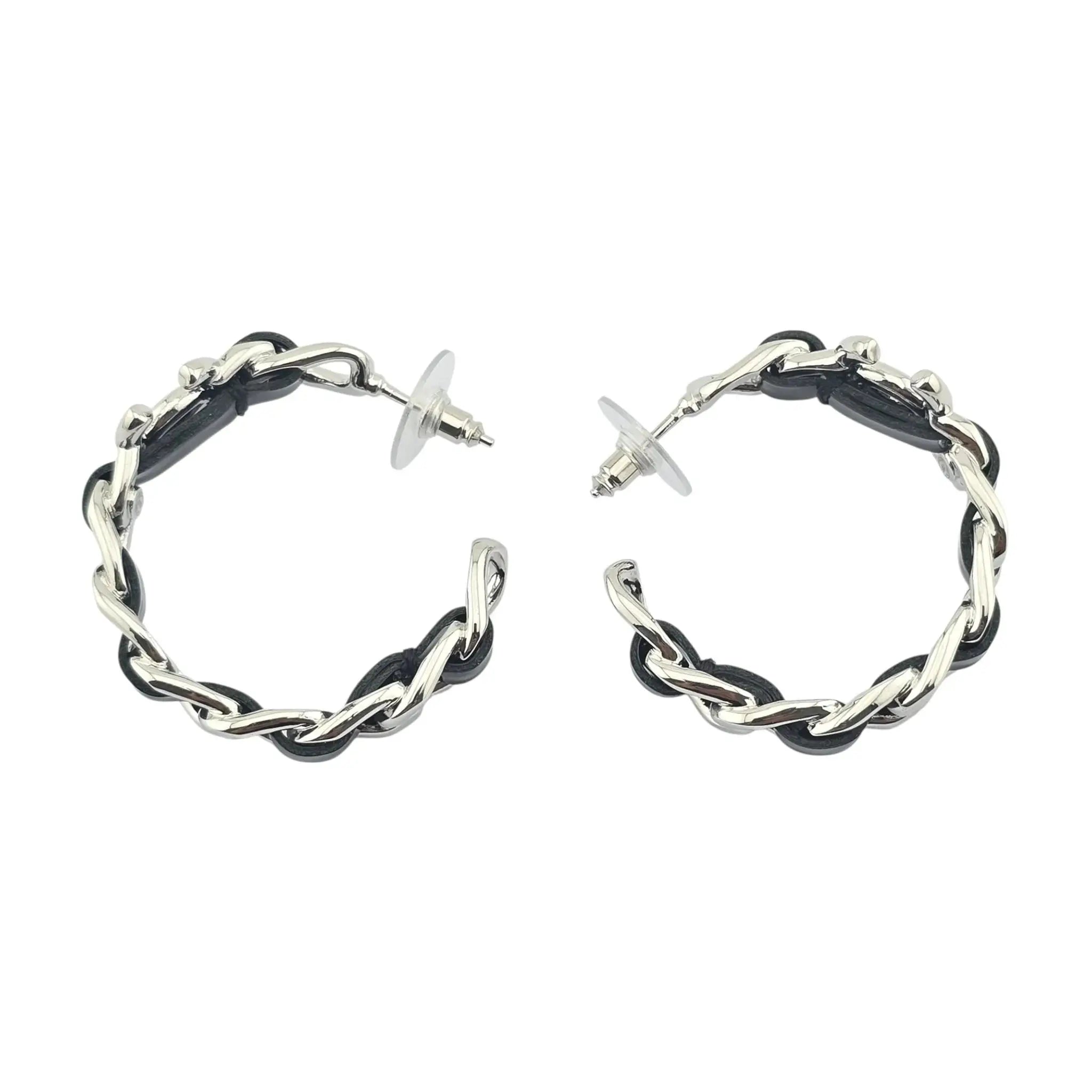 Chanel CC Leather Black Hoop Earrings 2025 CHANEL
