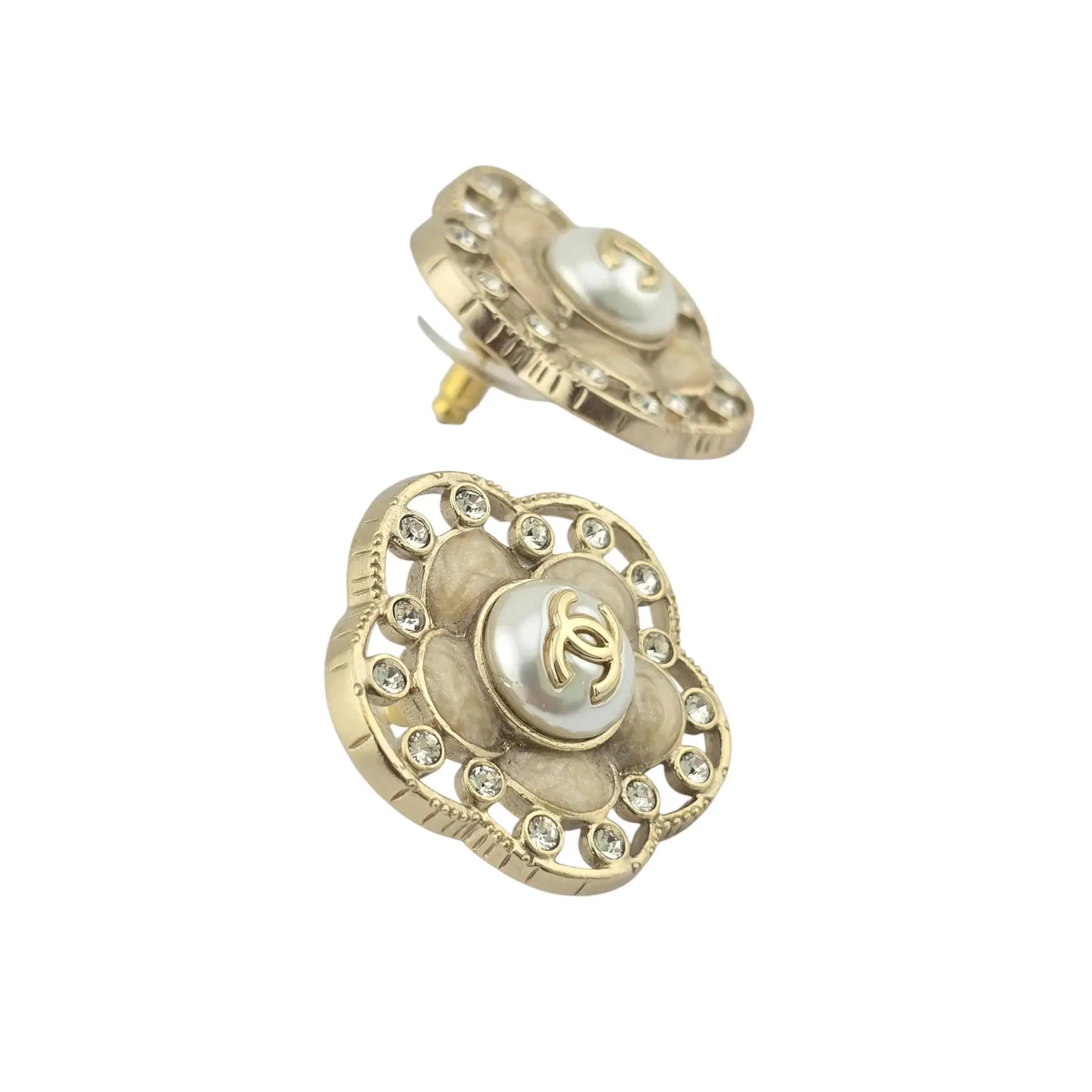 Chanel CC Enamel Crystal Pearl Camellia Earrings CHANEL