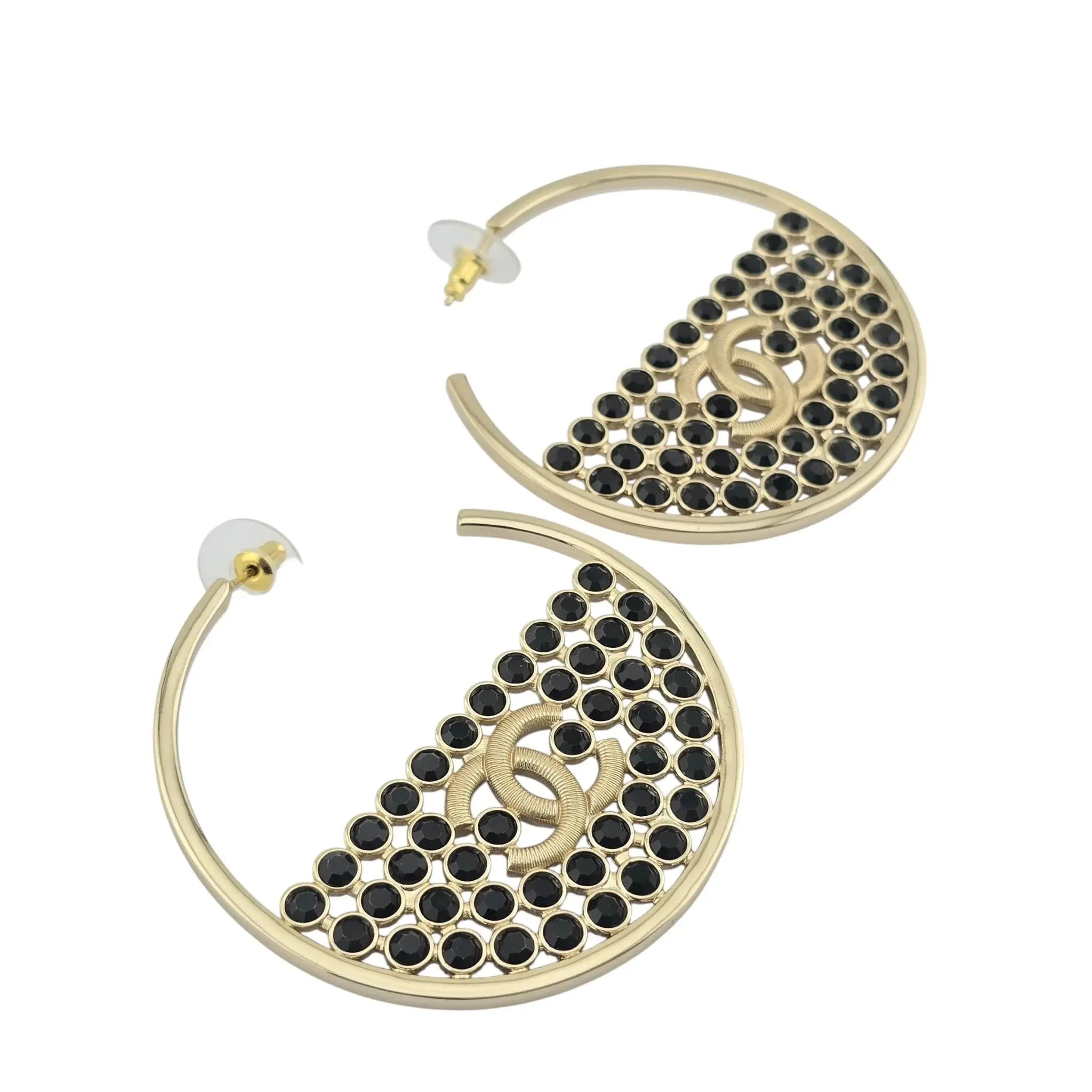 Chanel CC Black Crystal Gold Hoop Earrings SS23 CHANEL