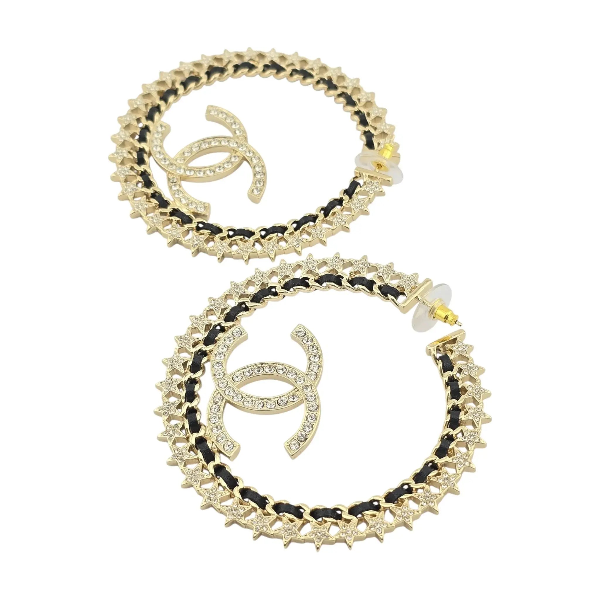 Chanel CC Large Hoop Earrings Crystal/Leather CHANEL