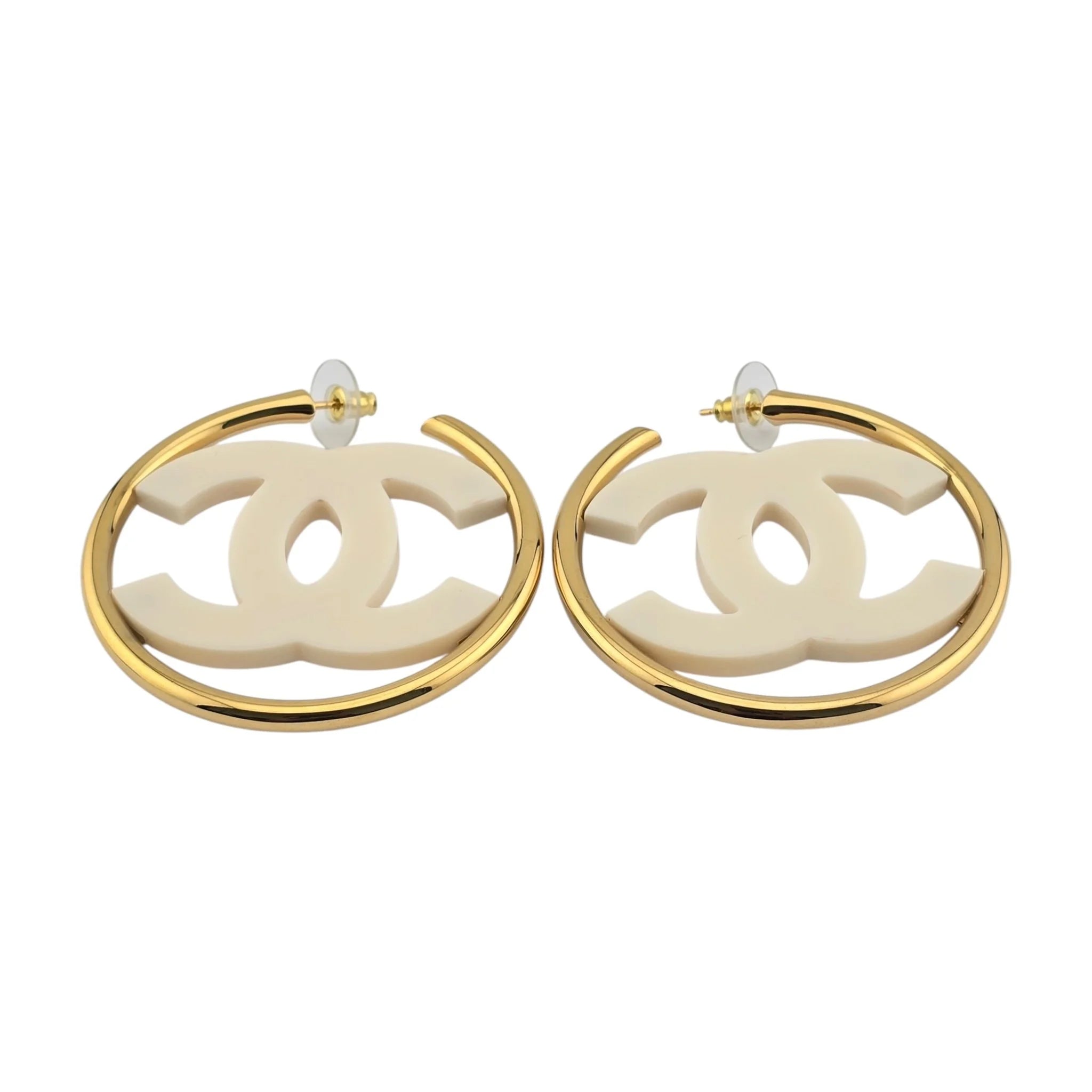 Chanel CC White/Gold Hoop Earrings B24 CHANEL