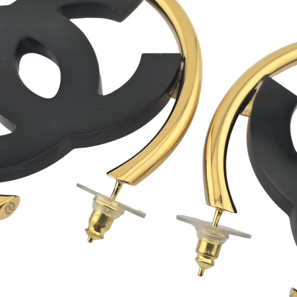 Chanel CC Black/Gold Hoop Earrings B24 CHANEL