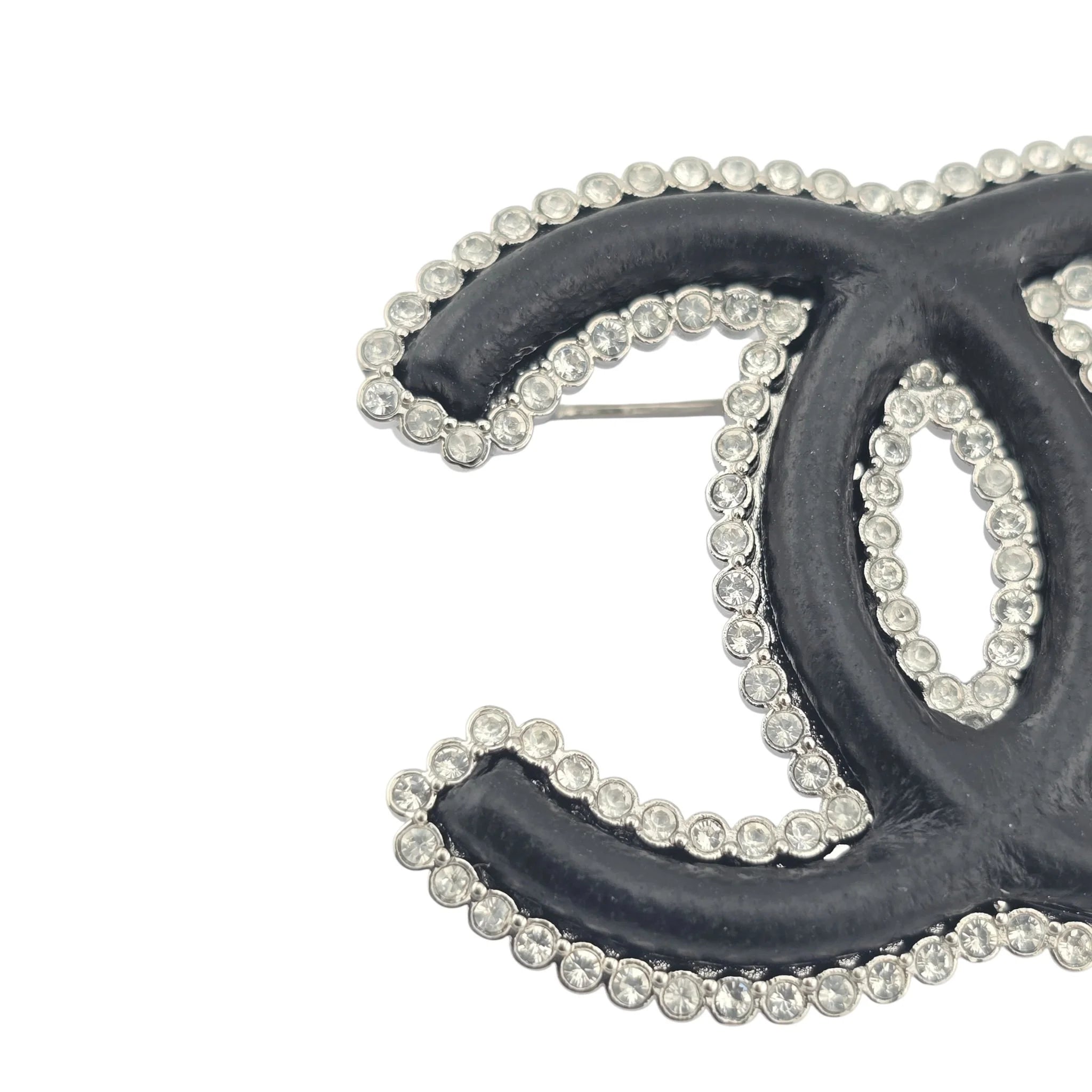 Chanel CC Crystal Leather Silver Tone Pin Brooch 2022 CHANEL